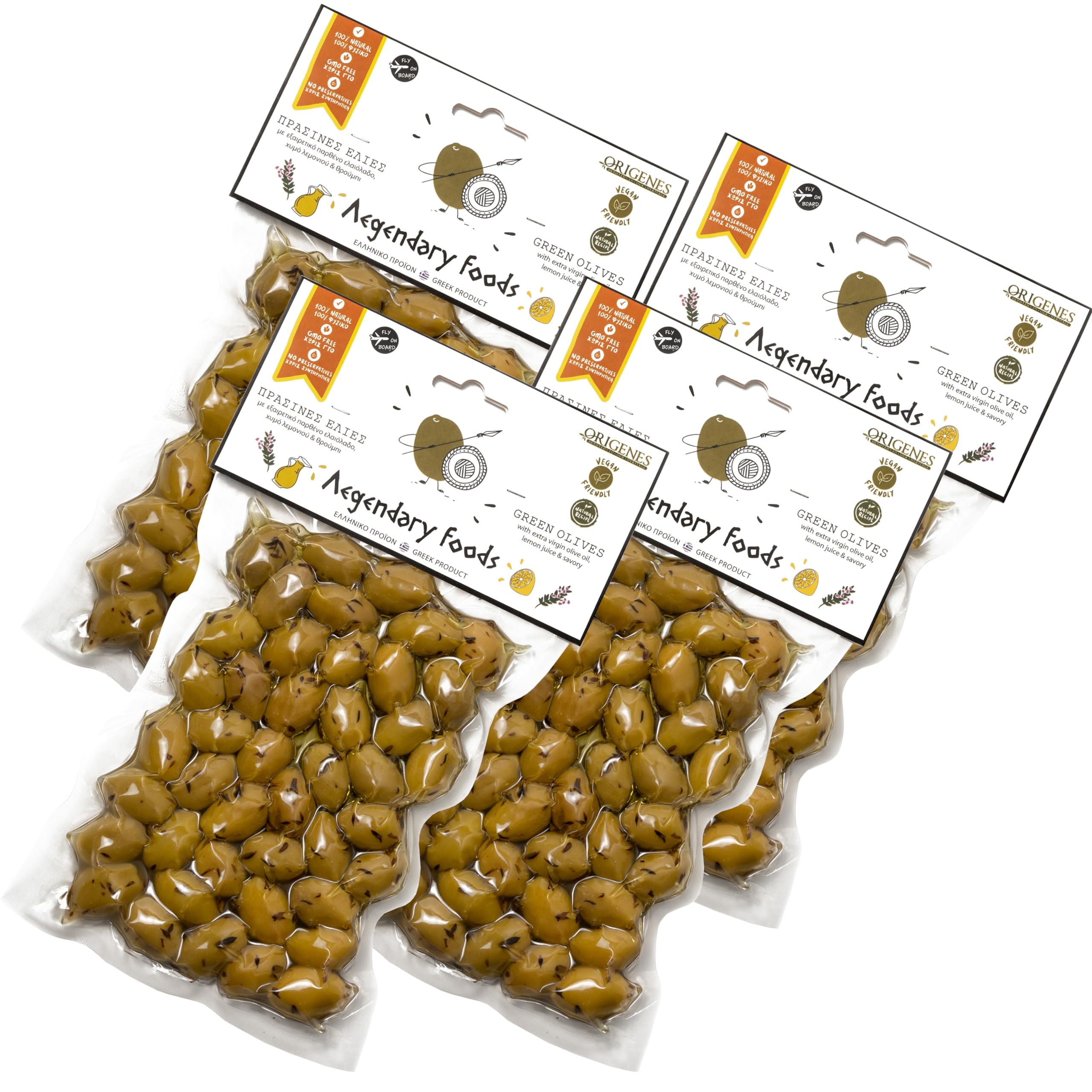 Pack of 4 Green Olives in Vacuum Bag | Marinated in Savory Lemon Juice & Extra Virgin Olive Oil | Freshly Sealed 4X200g | Perfect for Charcuterie Boards, Salads & Mediterranean Recipes