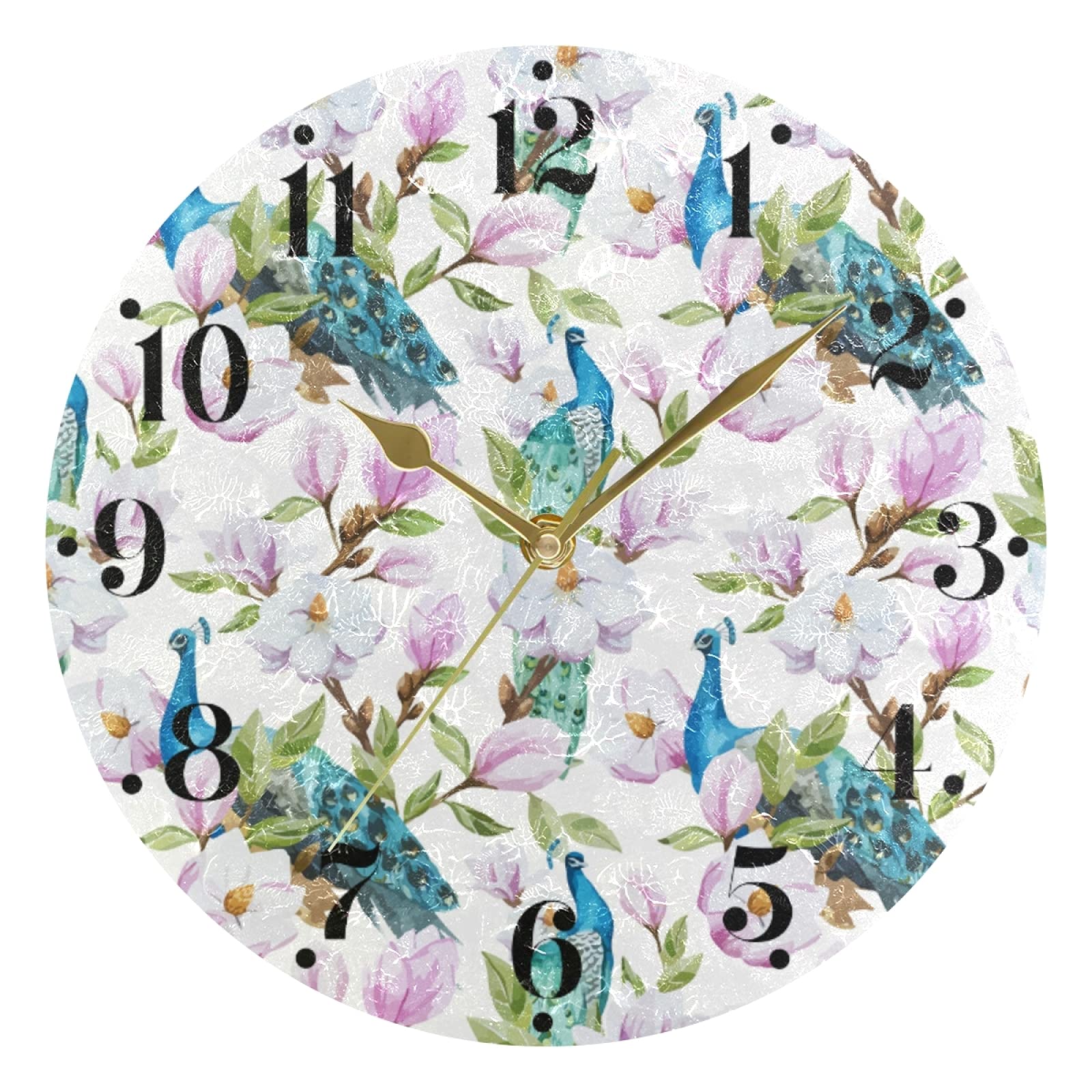 Magnolia Flower Peacock Wall Clock - Silent Non-Ticking Battery Operated Round Modern Art Clock for Kitchen, Living Room & Bedroom Decor | Perfect for Home, Office & Gift Giving