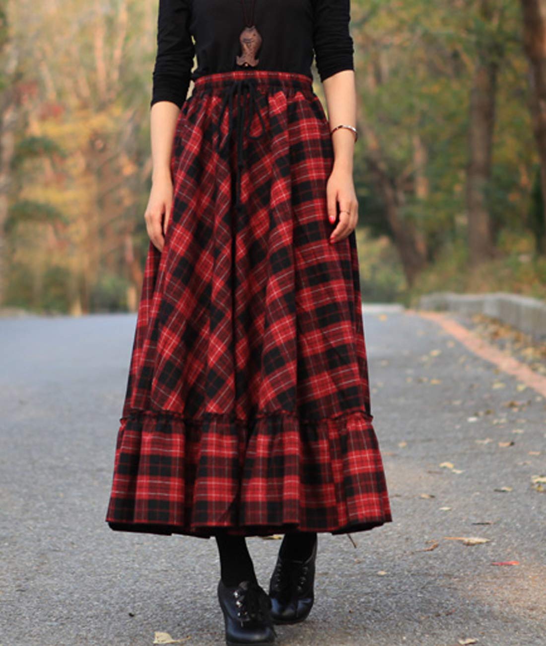 Vintage Plaid Wool Maxi Skirt for Women - Elastic Waist A-Line Long Skirt - Warm Winter Fashion Skirt for Office, Party & Holiday Outfits