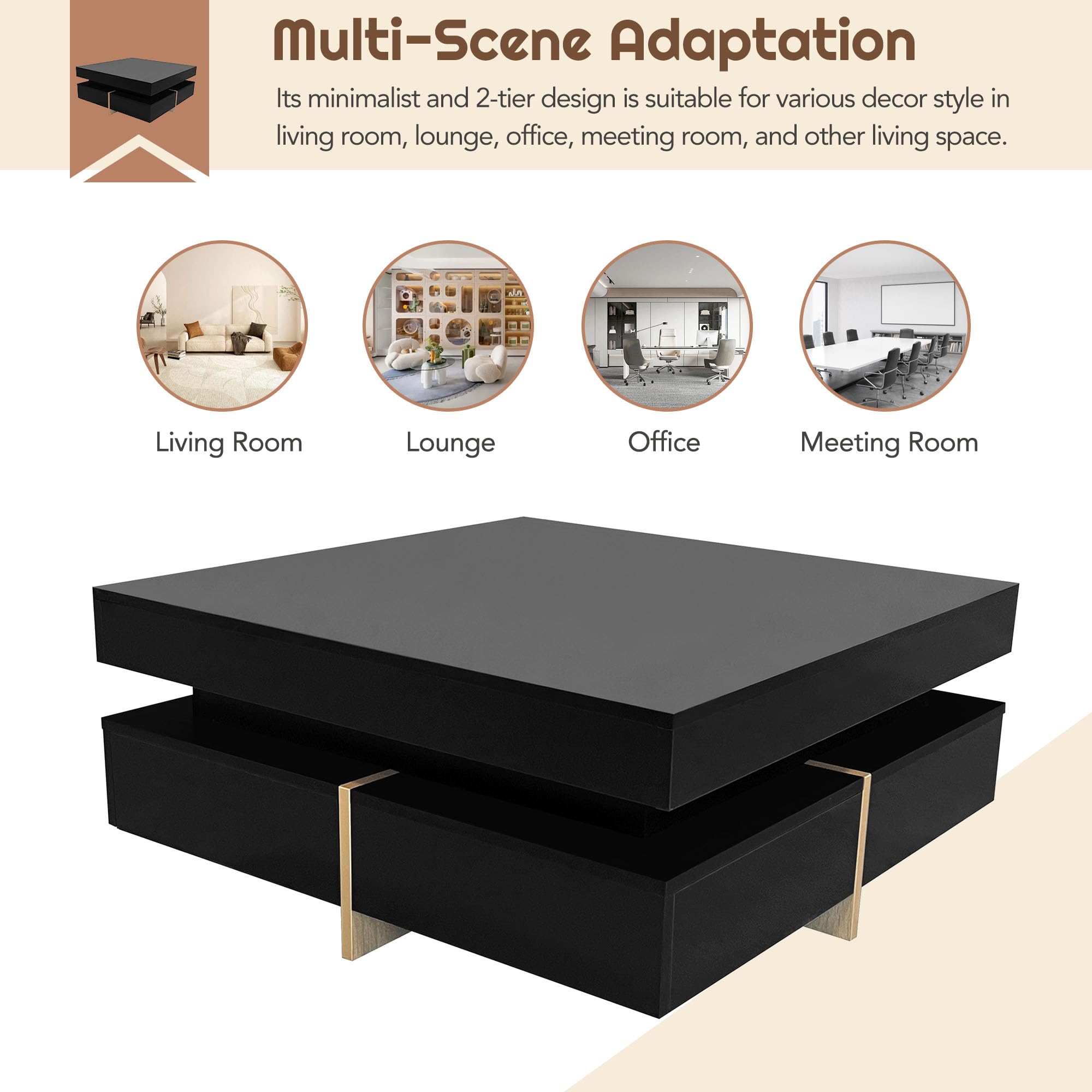 Modern High Gloss Coffee Table with 4 Drawers - Merax Multi-Storage Square Cocktail Table with Wood Grain Legs for Living Room, 31.5
