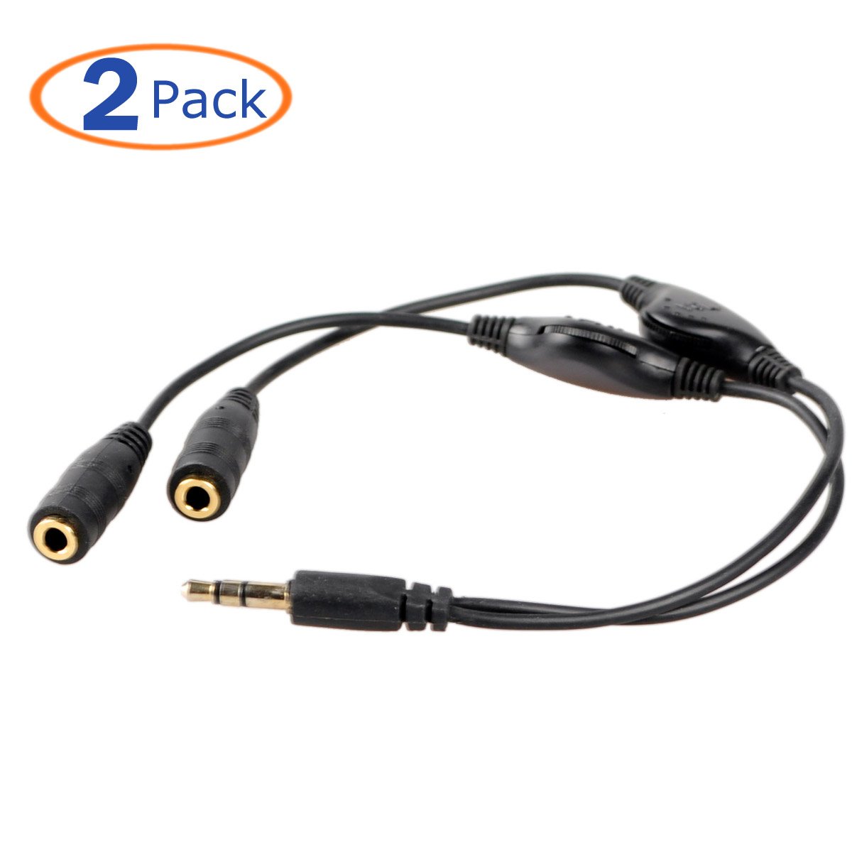 Conwork 2-Pack 3.5mm Stereo Male to Dual Female Audio Y Splitter Cable with Volume Control - Headphone Splitter for Sharing Music, Gaming Headsets, PC & Laptop Audio (Black)