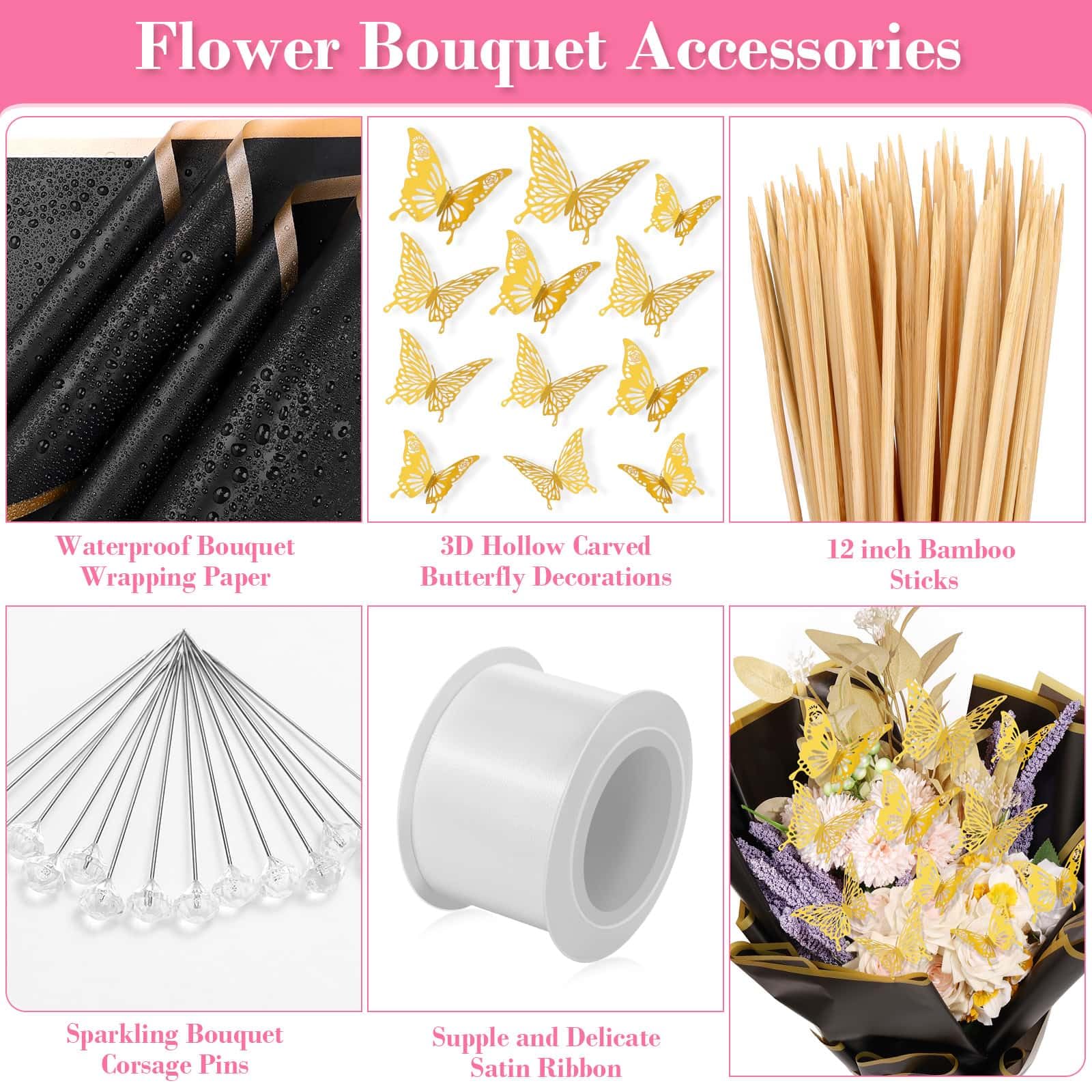 235Pcs Floral Wrapping Paper Set for Bouquets - Includes 20 Black Flower Wrapping Sheets, Butterflies, Rhinestone Pins, Ribbons & Wooden Sticks - Perfect for DIY Money Bouquets, Gift Wrapping & Wedding Decorations
