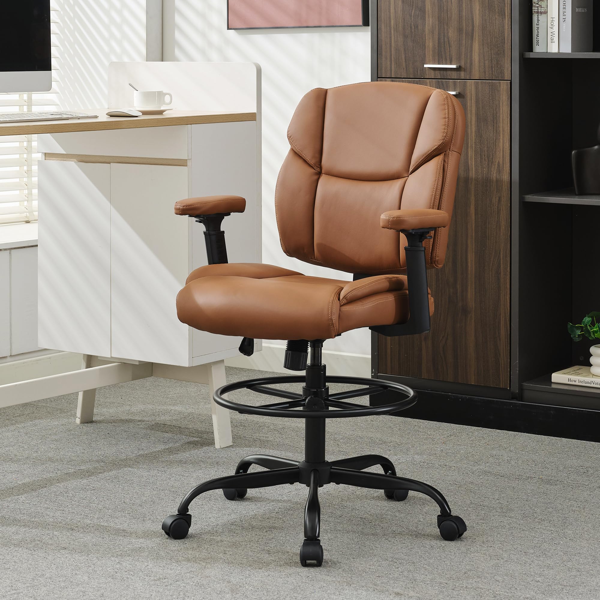 Premium 500 LBS Big & Tall Drafting Chair - Adjustable Leather Office Chair with Mid Back, Swivel Base & Foot Ring - Ergonomic Standing Desk Stool for Architects, Artists & Home Office Workspaces