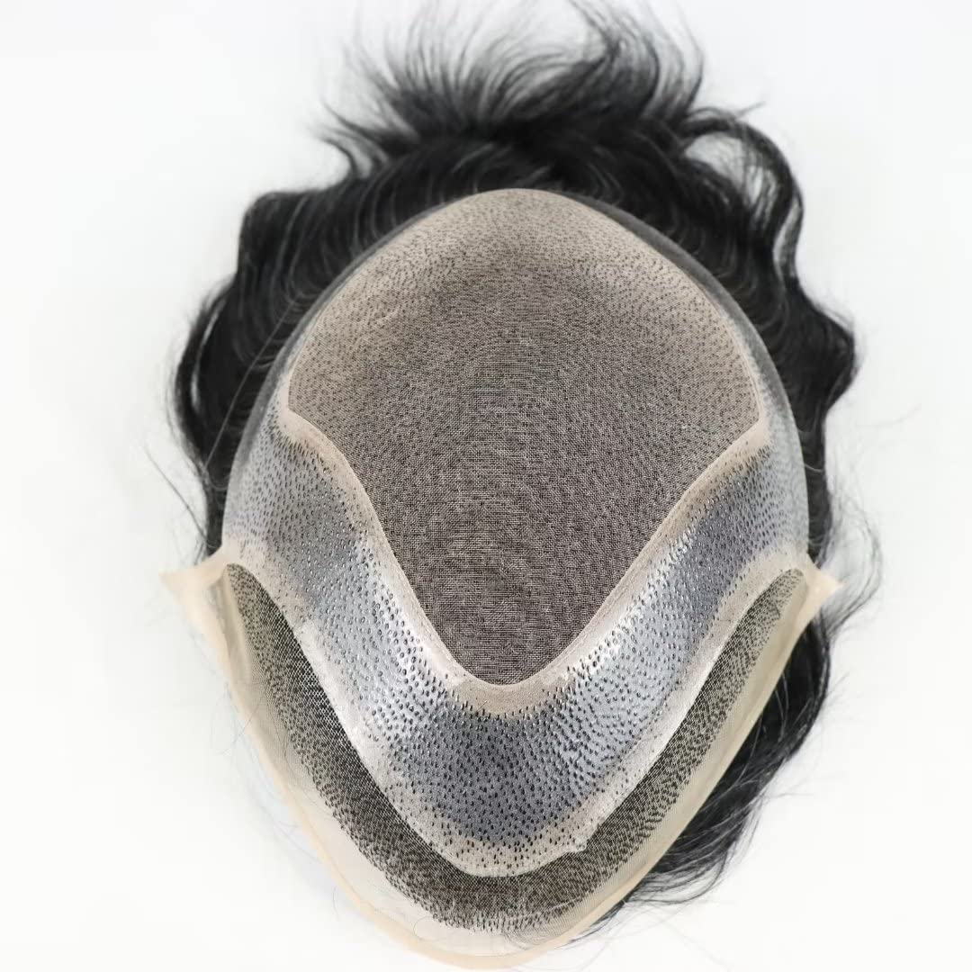 Premium Human Hair Toupee for Men - Mono Lace & Thin Skin Hair System - 80% 1B Black with 20% Gray - Natural Looking Hair Replacement for Thinning Hair - Perfect for Daily Wear, Work, and Special Occasions
