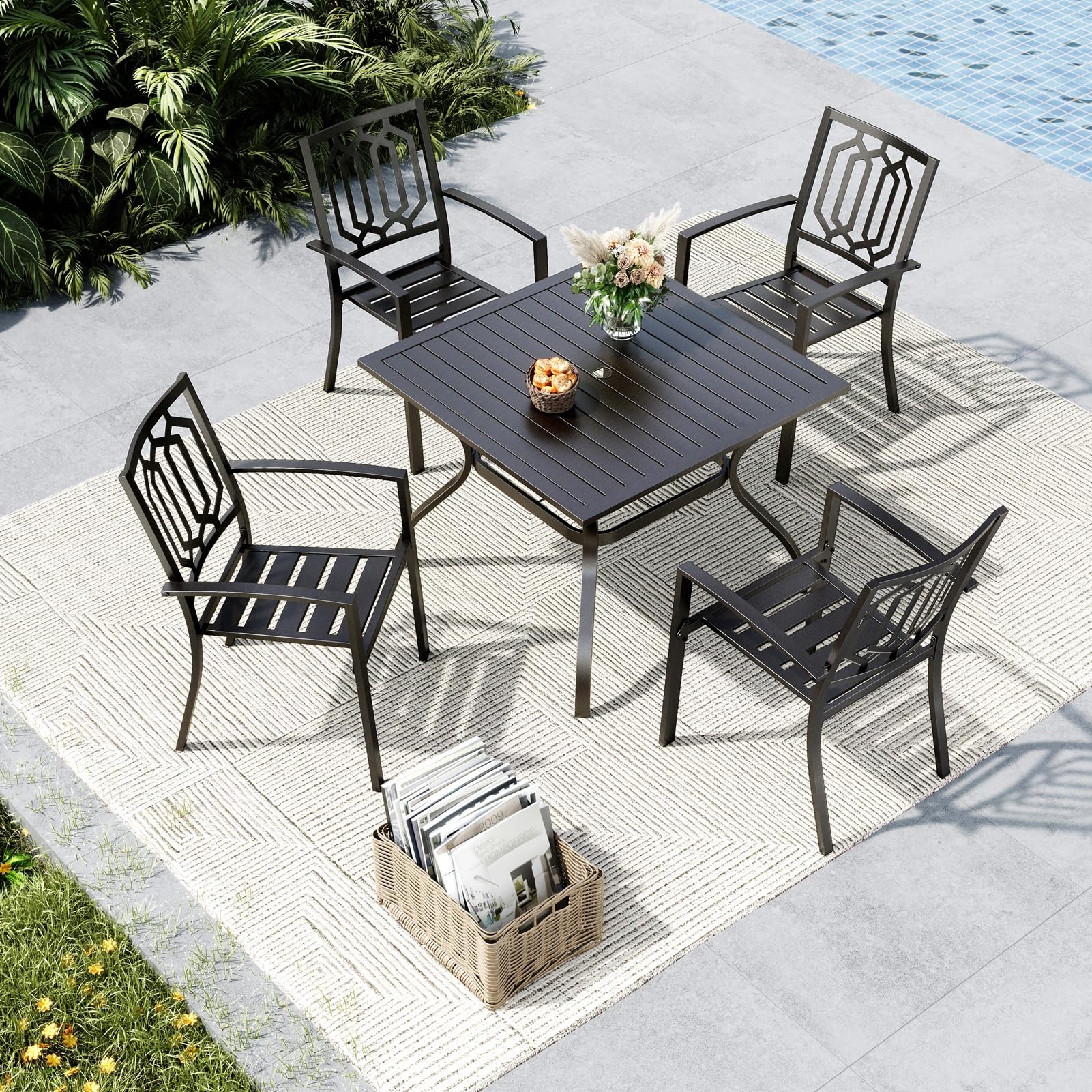 MFSTUDIO 5-Piece Black Metal Outdoor Dining Set with 4 Stackable Armrest Chairs & 37