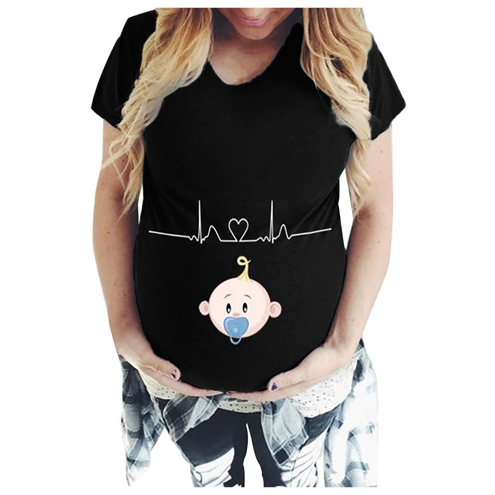 UIKMNH Women's Maternity Tops - Summer Pregnancy Shirts with Heart Prints, Short Sleeve Crew Neck Soft Cotton Shirts for Baby Showers & Everyday Comfort