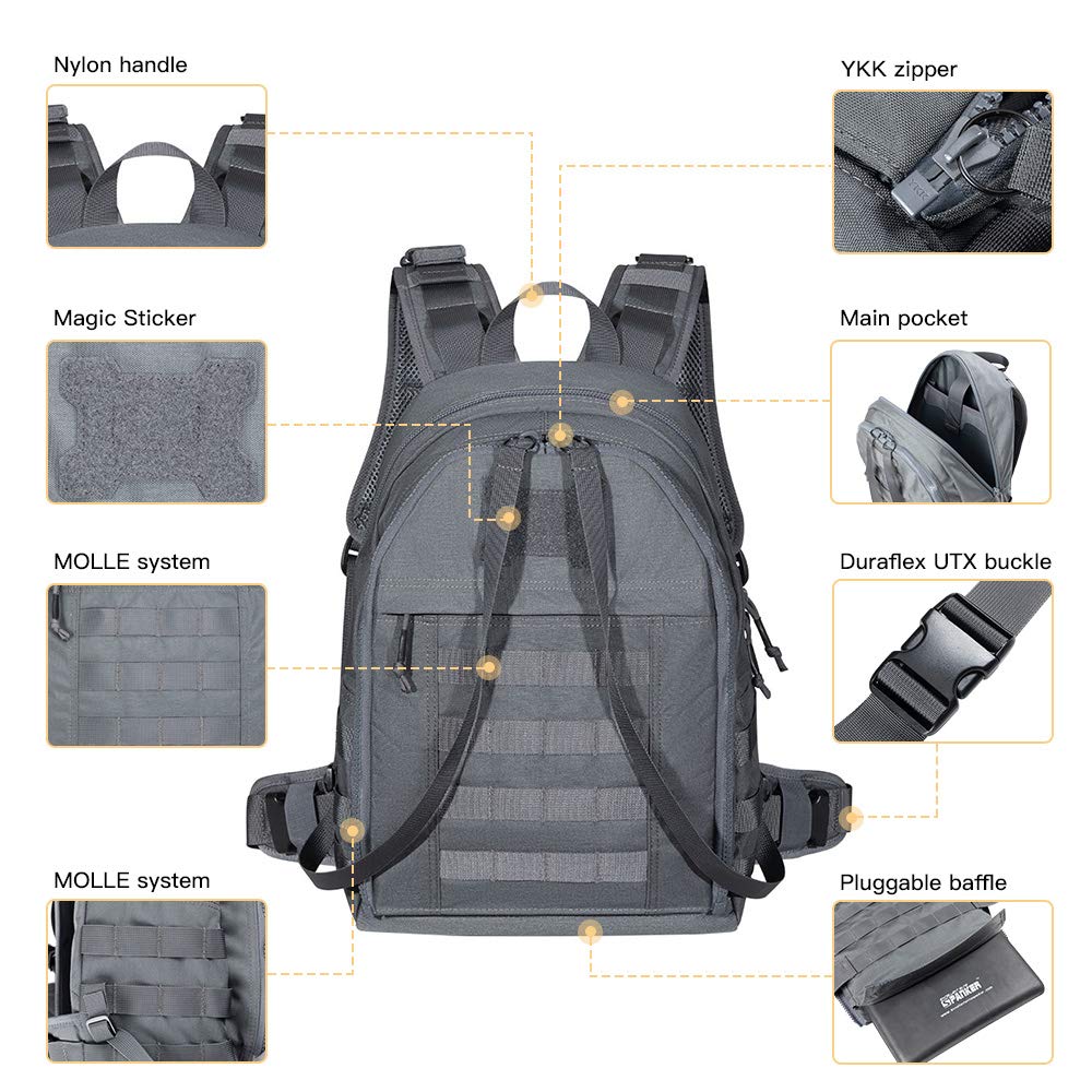 Military Tactical Backpack with Detachable Design - Converts to Outdoor Vest | Durable Grey Rucksack for Hiking, Camping & Airsoft | EXCELLENT ELITE SPANKER Tactical Gear