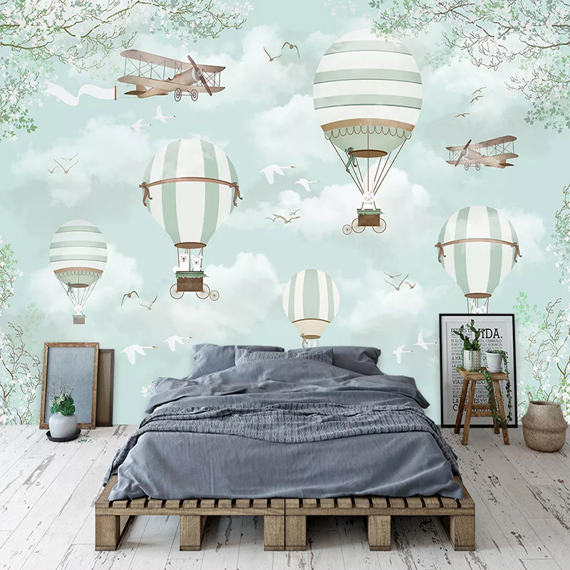 Polar Bears Flying on Hot Air Balloons Nursery Wallpaper - Adorable Arctic Themed Kids Room Decor for Baby Boy & Girl Bedrooms
