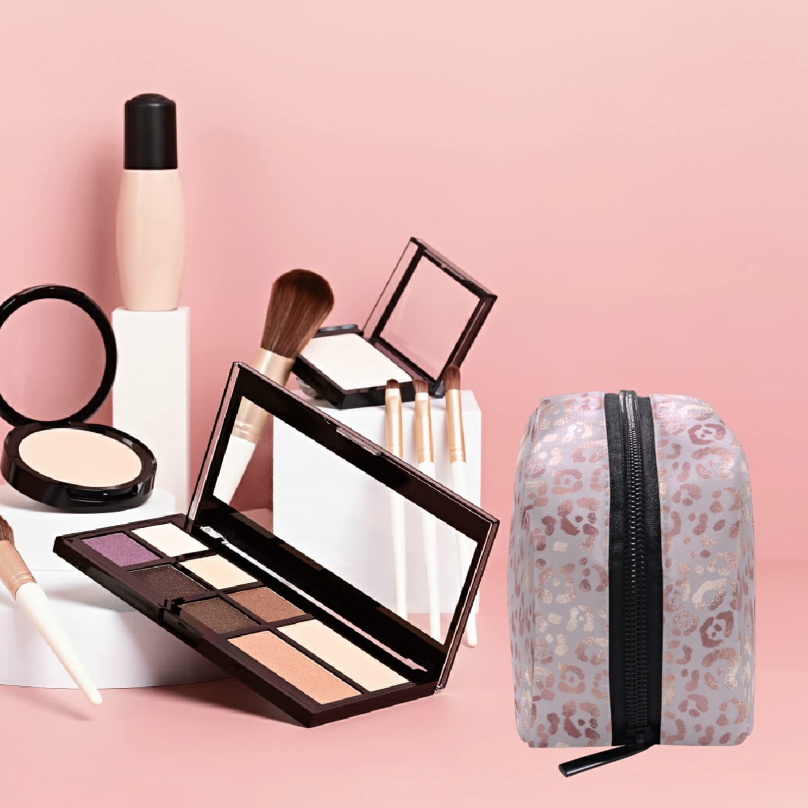 Stylish Rose Gold Leopard Makeup Bag for Women & Girls - Travel Cosmetic Organizer with Multiple Compartments - Perfect for Toiletries, Makeup Storage & On-the-Go Essentials
