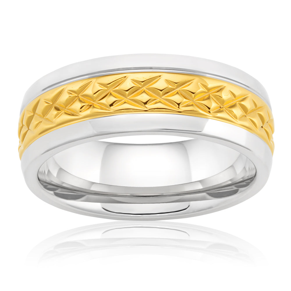 8mm Stainless Steel & Gold Plated Men's Ring with Intricate Pattern - Perfect for Weddings, Gifts & Everyday Wear