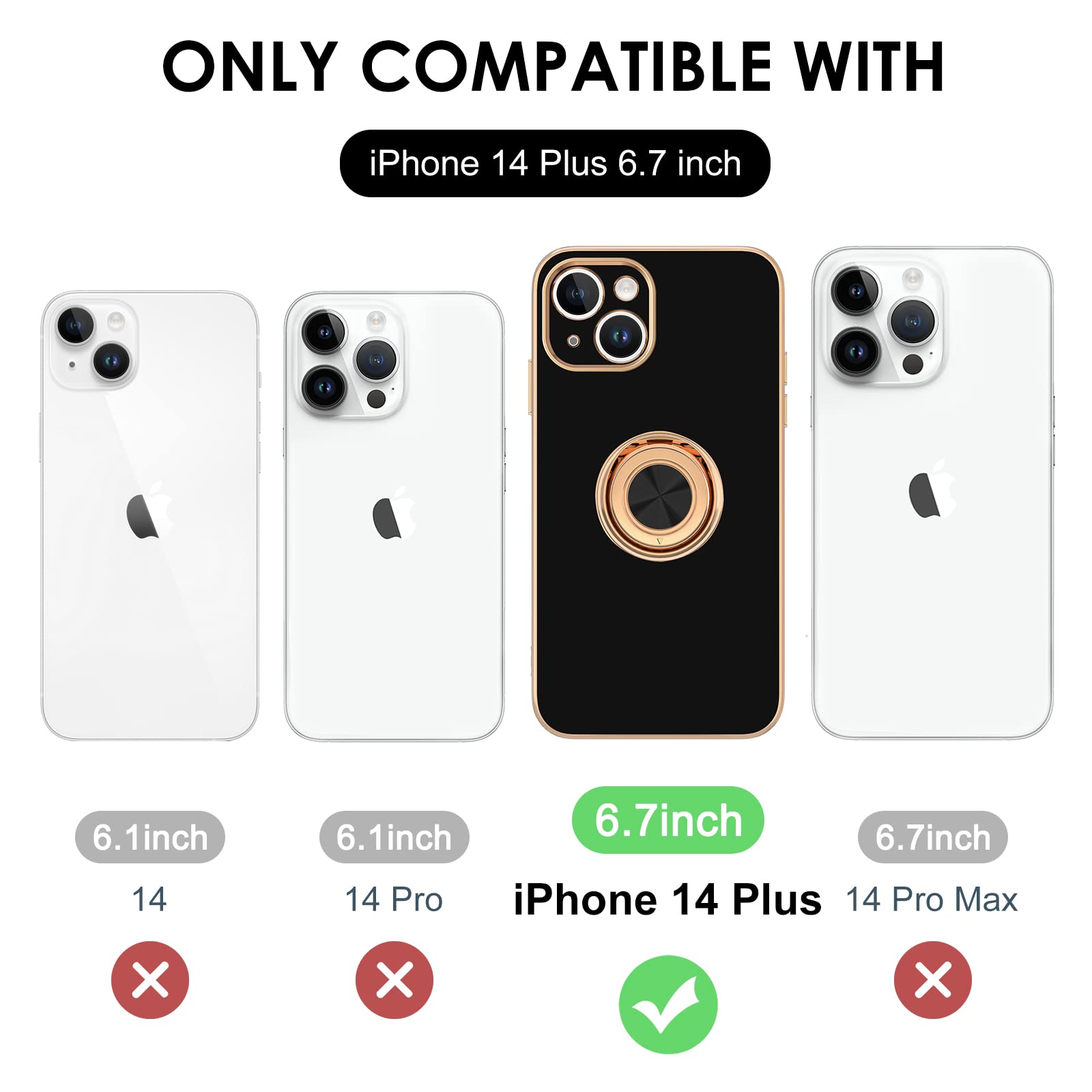 Hython Magnetic Ring Stand Case for iPhone 14 Plus - 360° Rotatable Kickstand with Car Mount Support, Luxury Shockproof TPU Cover with Gold Edge (Black) | Perfect for Hands-Free Viewing, Secure Grip & On-the-Go Protection