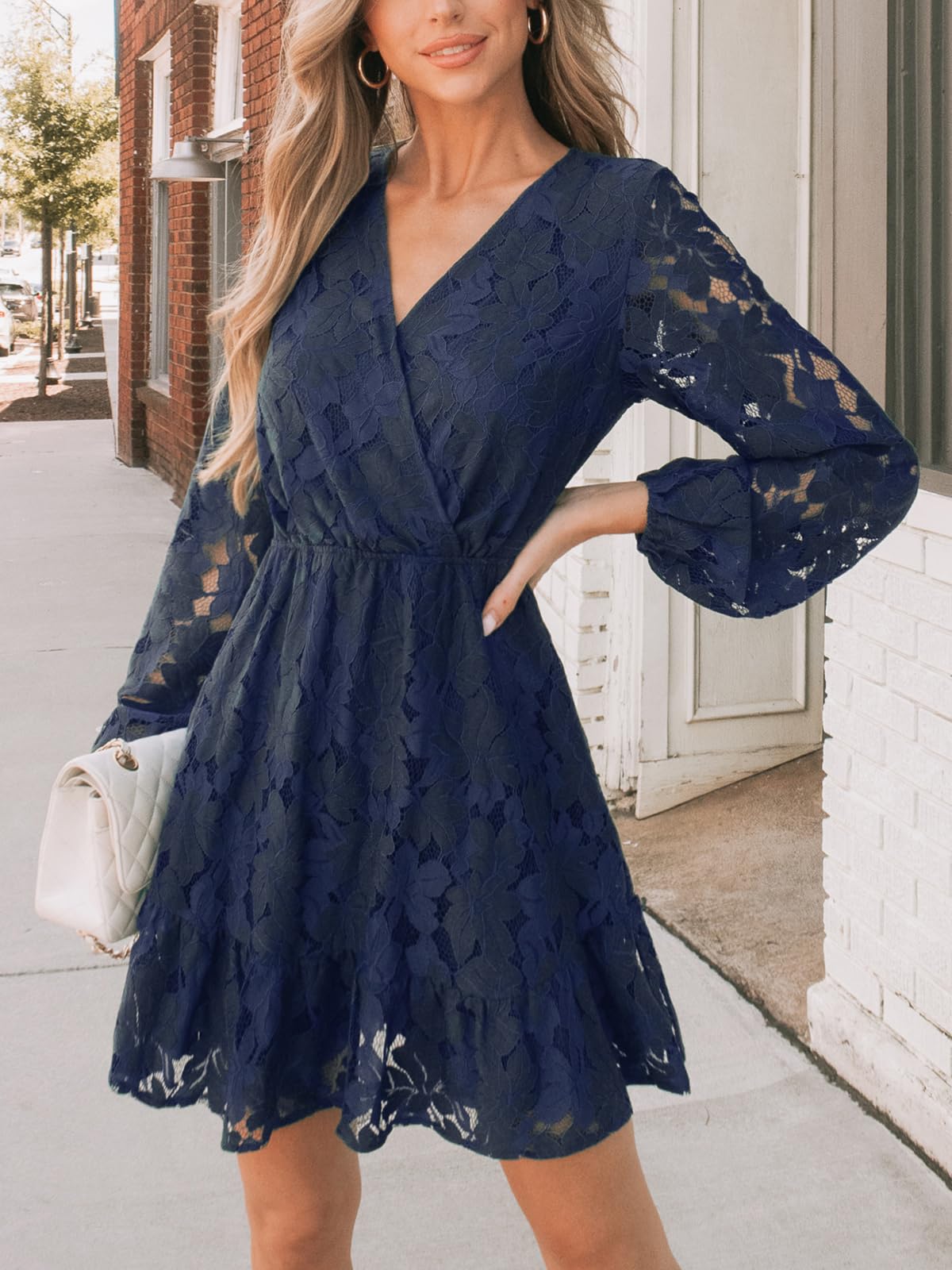 CUPSHE Women's Elegant V-Neck Lace Peasant Sleeve Summer Dress - Elastic High Waist A-Line Mini Dress for Wedding Guest, Beach Vacation & Casual Outings