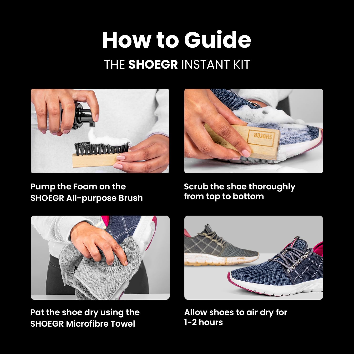 SHOEGR Instant Shoe Cleaning Foam Spray - 150ml White Sneaker Cleaner Kit for Sports Shoes, Suede & Rubber | Quick-Dry Shoe Shampoo with Foam Applicator | Perfect for Gym, Running & Everyday Use