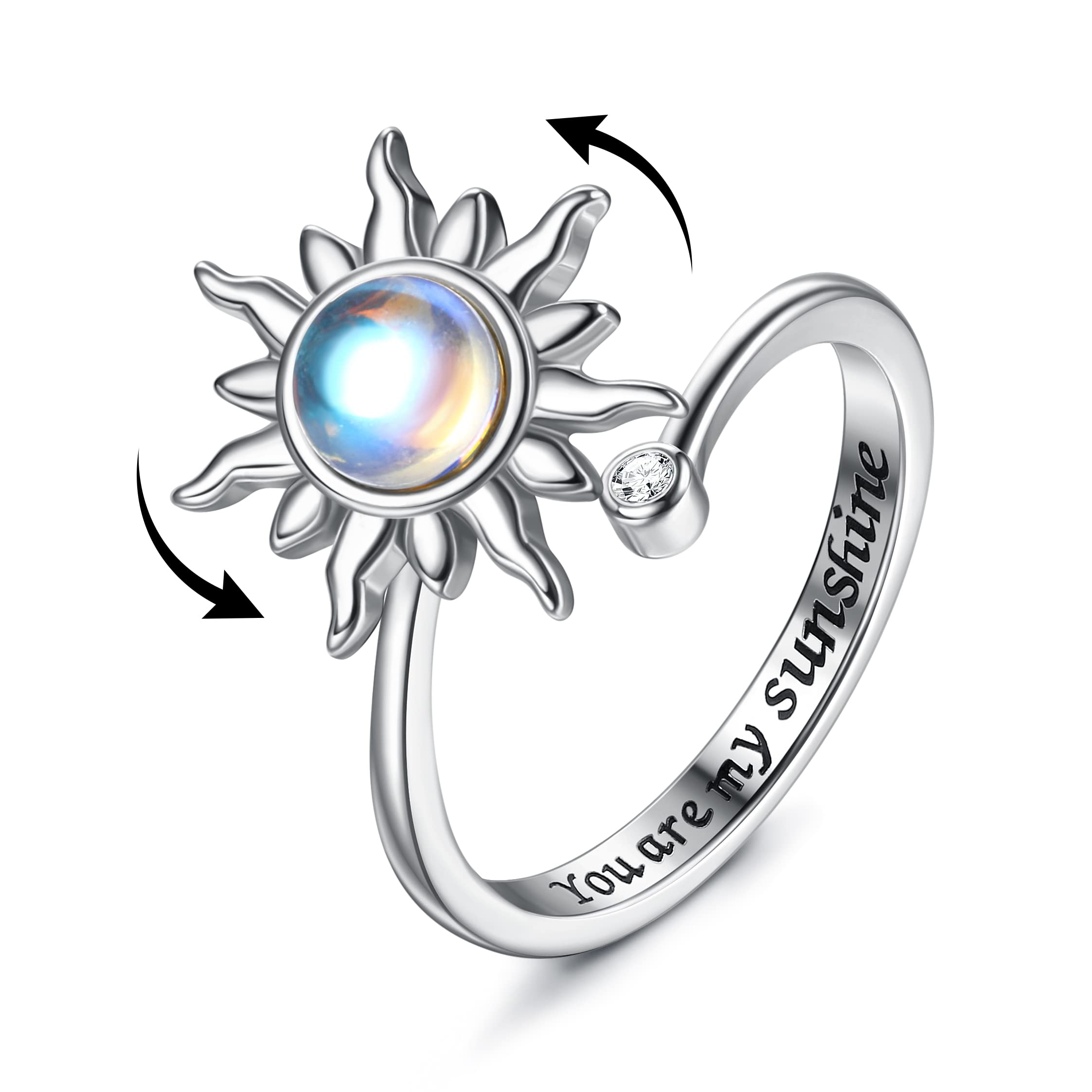 Diamday S925 Sterling Silver Anxiety Ring for Women & Girls - Adjustable Sunflower Fidget Ring with Moonstone for Stress Relief - Thoughtful Gift for Daughter, Wife, or Loved Ones - Perfect for Anxiety Relief, Focus, and Everyday Wear