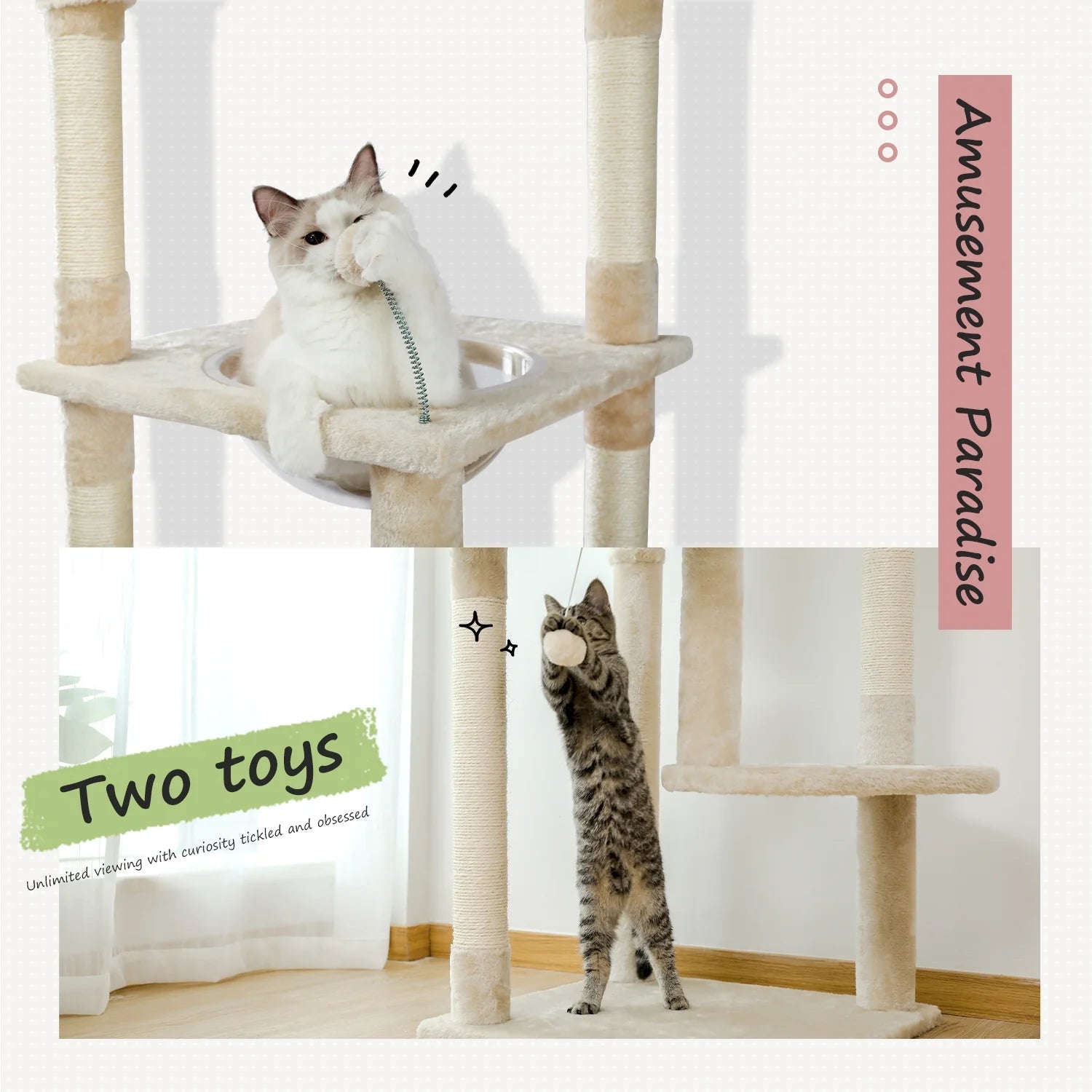 Adjustable Floor to Ceiling Cat Tree with Scratching Posts & Perches - Beige Cat Condo Bed for Indoor Cats - Perfect for Small Spaces & Apartments