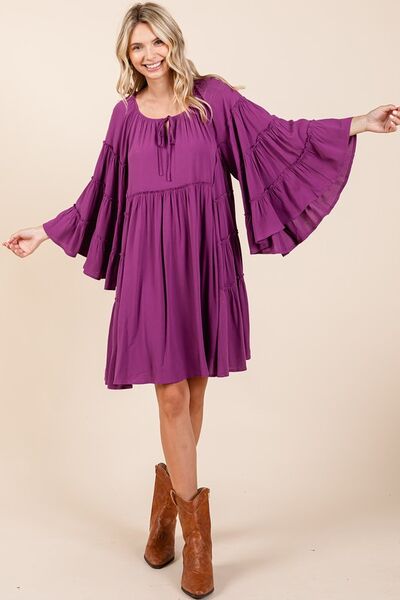 Elegant Frill Tie Neck Bell Sleeve Resort Dress - Flowy Summer Beach Dress for Women, Perfect for Vacation, Pool Party & Tropical Getaways