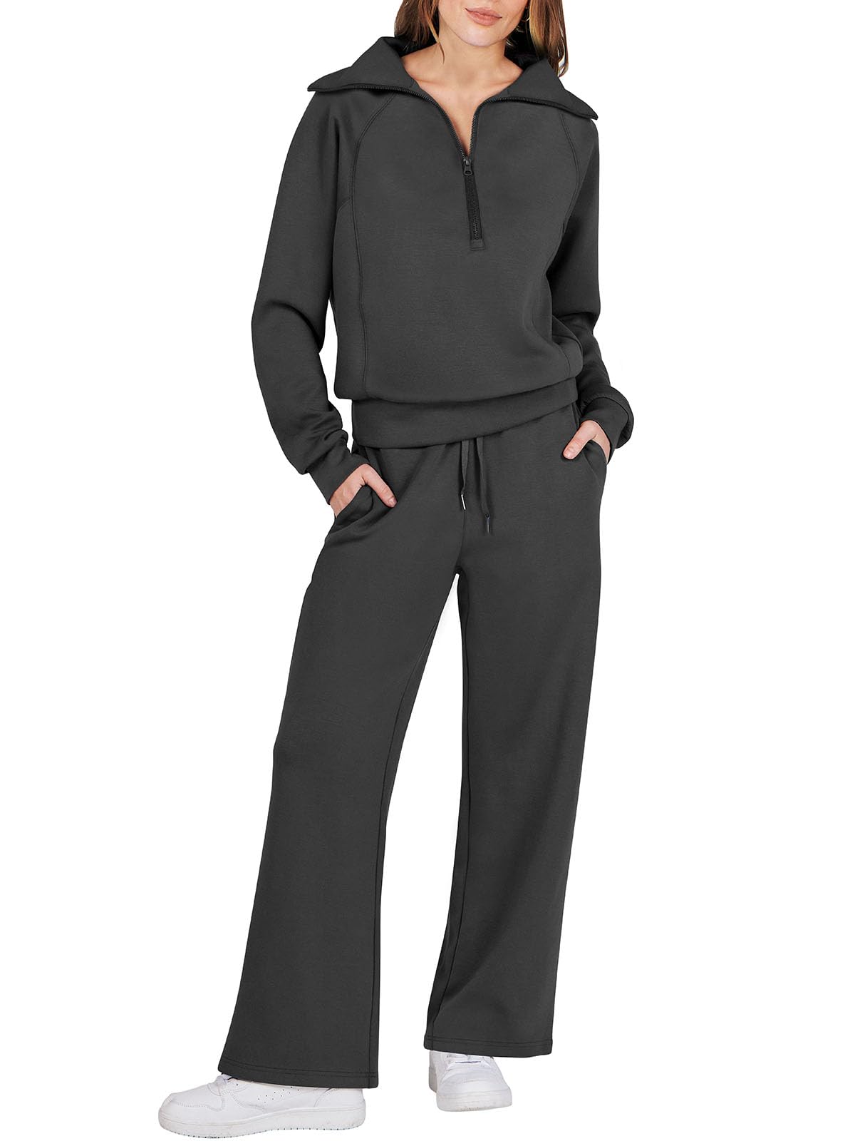 Caracilia Women's 2-Piece Oversized Sweatsuit Set - Half Zip Hoodie & Wide Leg Sweatpants | Fall Lounge Wear, Casual Outfit, Athleisure Tracksuit for Women | Perfect for Home, Gym, Running Errands & Coffee Dates