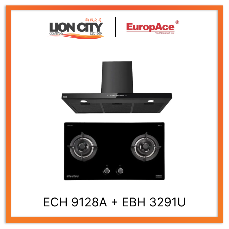 Europace ECH9128A 90cm Premium T Chimney Range Hood with EBH3291U OTIMMO 2-Burner 90CM Stainless Steel Built-In Gas Cooktop - Perfect for Modern Kitchens & Professional Cooking