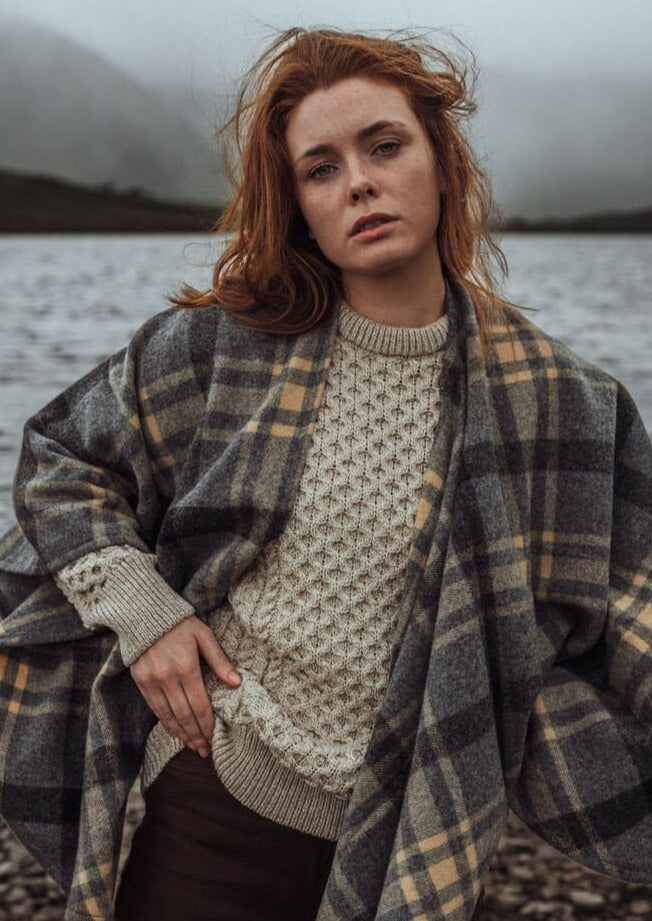 John Hanly Lambswool Cape - Soft Grey Beige Check Plaid Wrap for Women | Winter Shawl for Office, Travel & Outdoor Activities