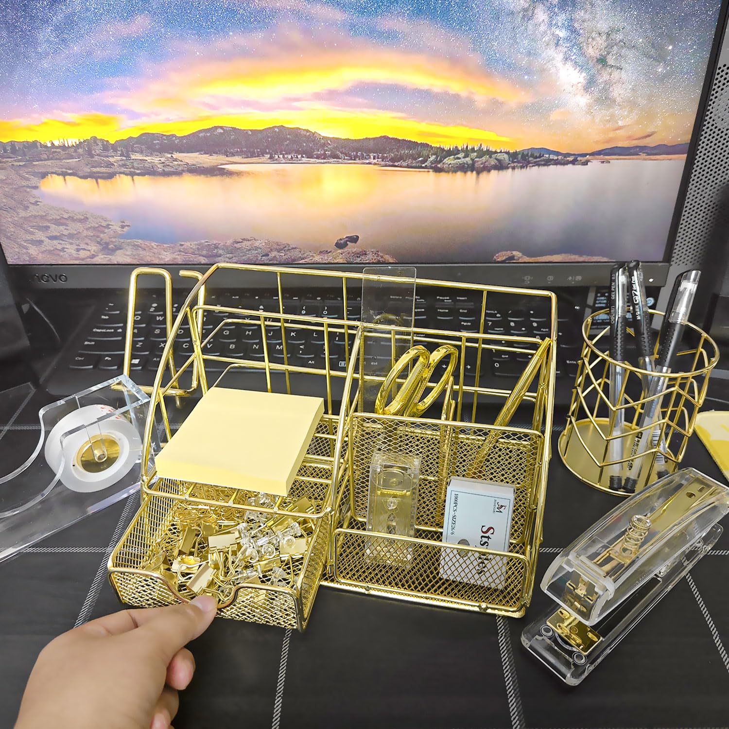Premium Gold Desk Organizer Set - 13-Piece Office Supplies Kit with Acrylic Stapler, Tape Dispenser, Pen Holder, Scissors & Phone Stand - Elegant Workspace Accessories for Home Office, Study Desk & Professional Workstations