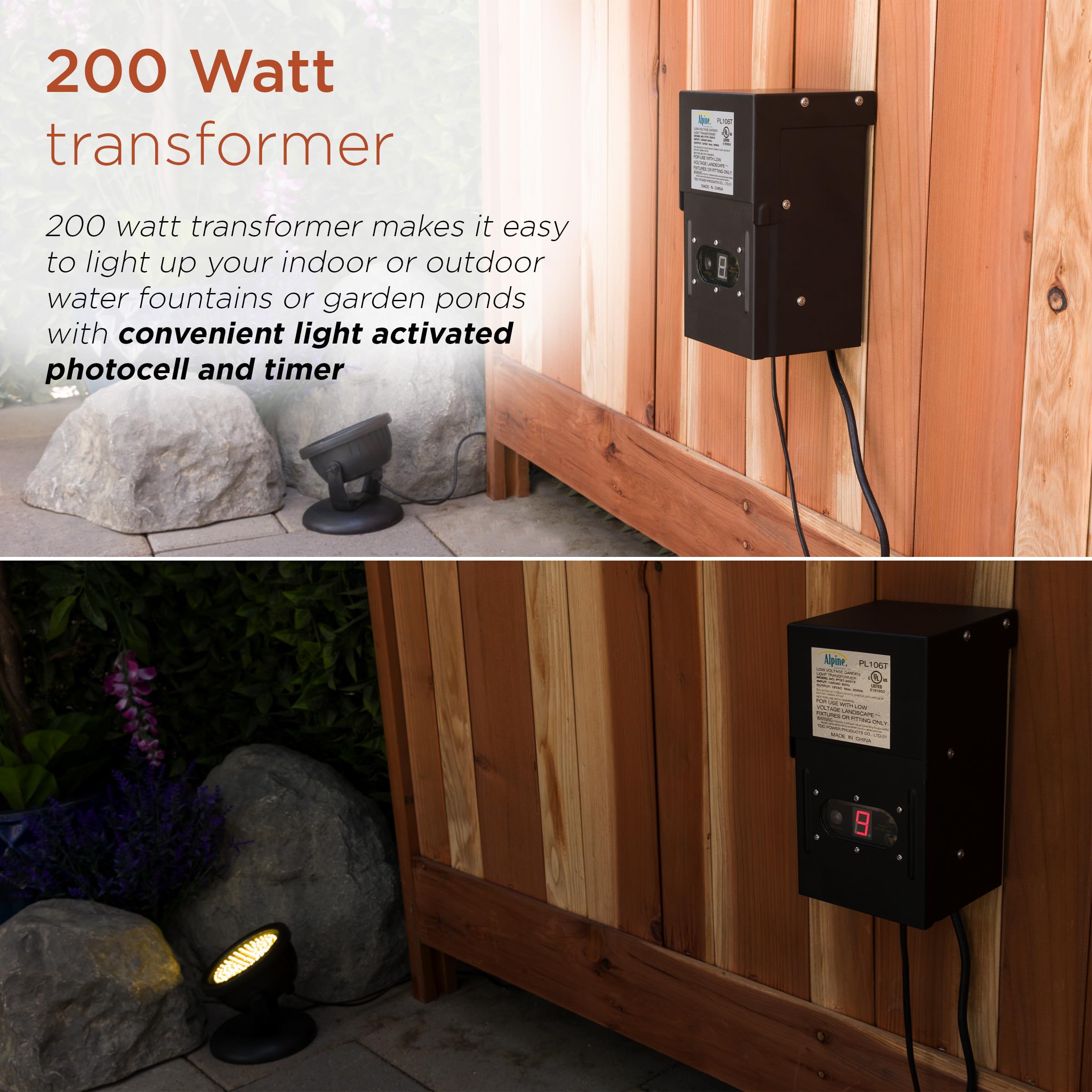 Alpine Corporation 200W Outdoor Transformer with Photocell & Timer for Ponds, Fountains, Waterfalls - Perfect for Garden, Patio & Landscape Lighting