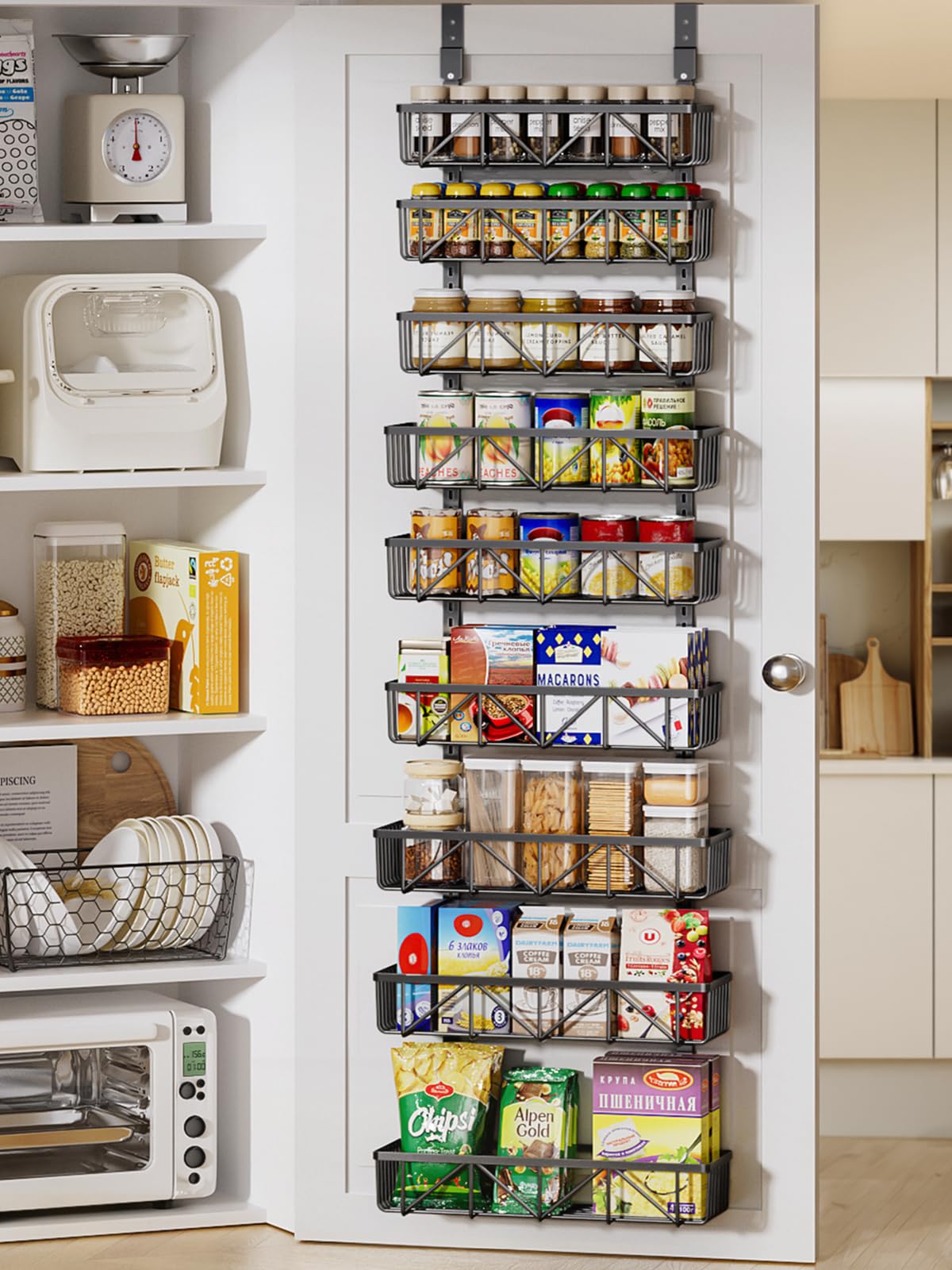 Delamu 9-Tier Adjustable Over the Door Pantry Organizer - Metal Kitchen Storage & Spice Rack - Black Hanging Cabinet Door Shelves for Easy Installation - Perfect for Small Spaces & Apartment Organization