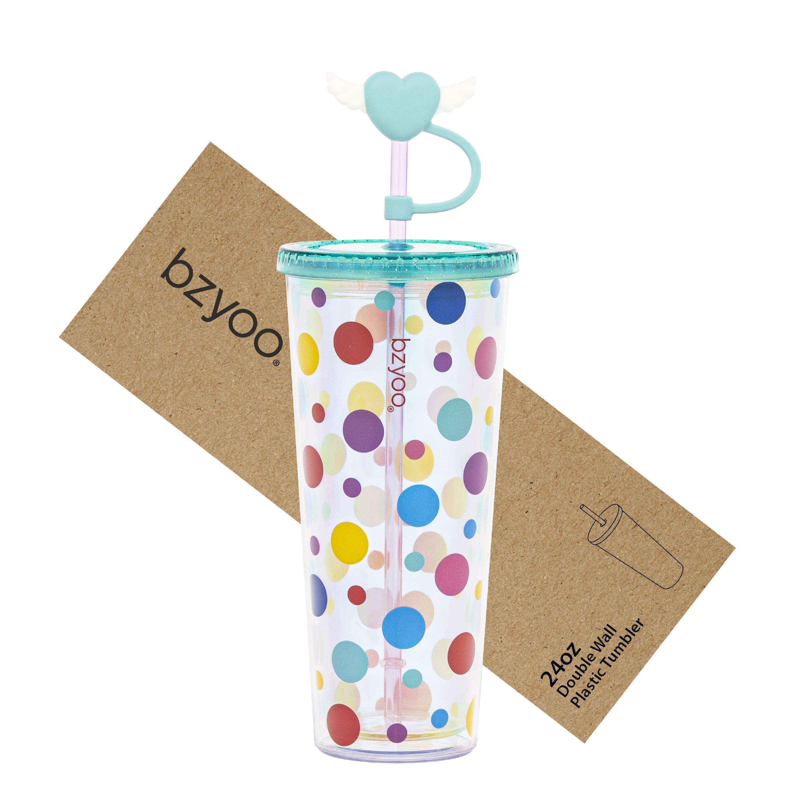 24oz Insulated Tumbler with Heart-Shaped Lid & Wing Straw - Cute Polka Dot Design - Perfect for Coffee, Iced Tea & Cold Drinks at Work, Gym or Travel