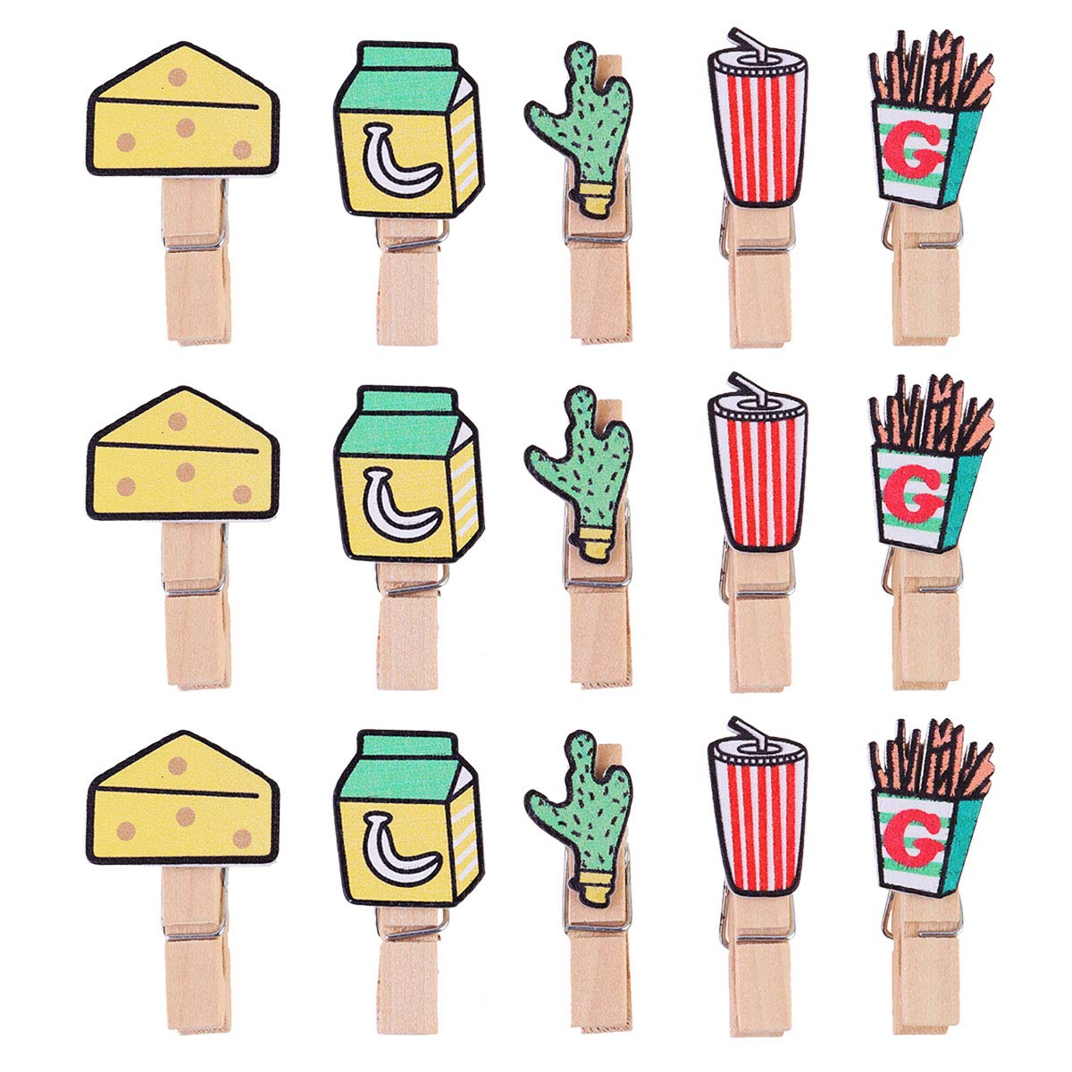 40Pcs Wooden Photo Clips - Cute Cartoon Photo Holders for Wall Decor, Scrapbooking, and Home Crafts - Perfect for DIY Projects, Gift Wrapping, and Office Organization (Snack Theme)