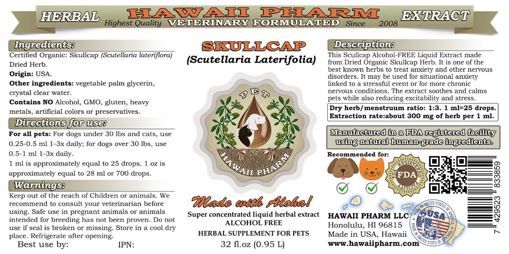 Hawaii Pharm Skullcap Alcohol-Free Liquid Extract for Pets - Natural Veterinary Herbal Supplement, 64 oz (2x32 oz) - Supports Calmness & Relaxation in Dogs & Cats
