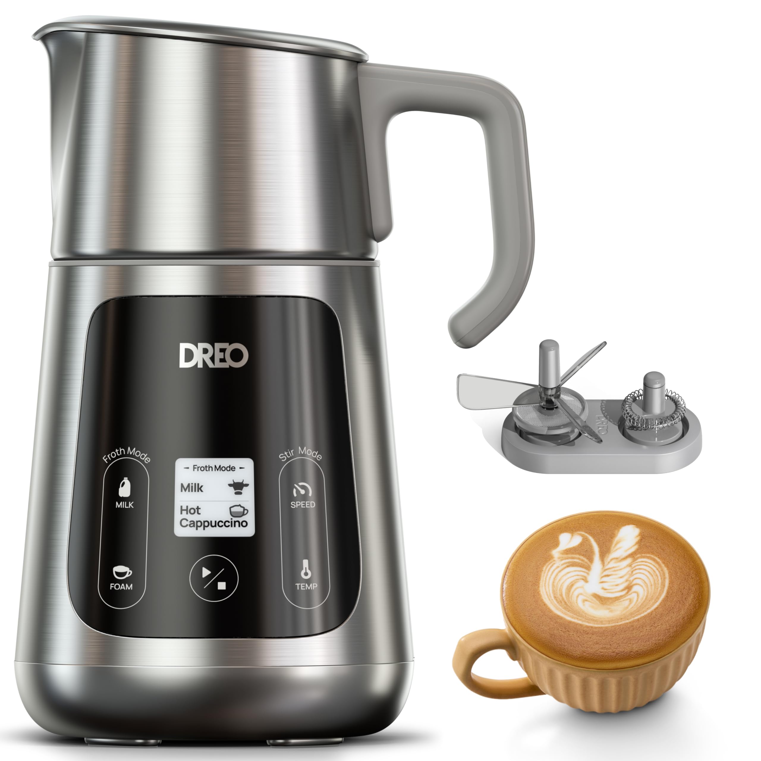 Dreo All-in-1 BaristaMaker Electric Milk Frother and Warmer - 15oz/450ml Automatic Coffee Frother for Latte Art, Cappuccino, Hot Chocolate - Works with Dairy & Plant-Based Milk - Dishwasher Safe - Perfect for Home Baristas, Coffee Shops & Office Use
