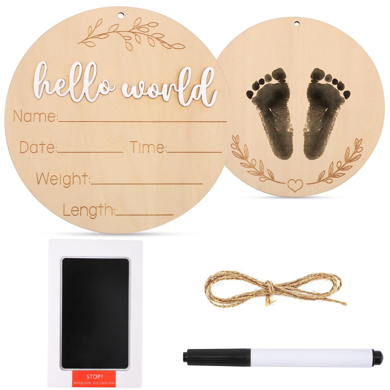 5.9 Inch Wooden Baby Announcement Sign with Ink Pad & Marker - Hello World Newborn Sign Board for Hospital Nursery, Baby Shower Gift, and Photo Prop - Perfect for Newborn Announcements and First Birthday Decorations