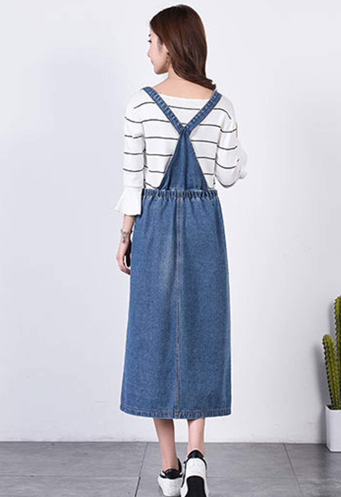 Flygo Women's Denim Overalls - Button Front Long Midi Pinafore Dress with Skirt for Casual Outings, Date Nights & Spring Fashion