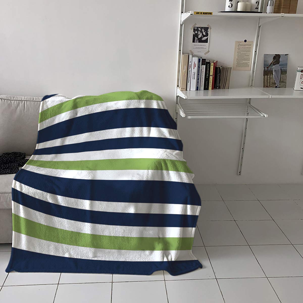 Soft Flannel Fleece Throw Blanket - Navy Blue, Lime Green & White Striped Plush Blanket | 60x80 Inch Cozy Velvet Blanket for Bed, Couch & Kids | Lightweight Fuzzy Blanket for Winter, Movie Nights & Home Decor