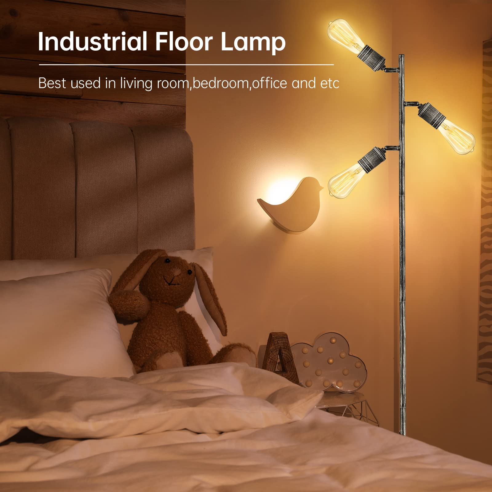 Industrial Floor Lamp - Rustic Silver Tree Standing Lamp with 3 Adjustable Rotating Lights, E26 Edison Bulb Base (Bulb Not Included) for Living Room, Bedroom, Office & Home Decor | Perfect for Reading Nook, Workspace Lighting & Modern Interior Design