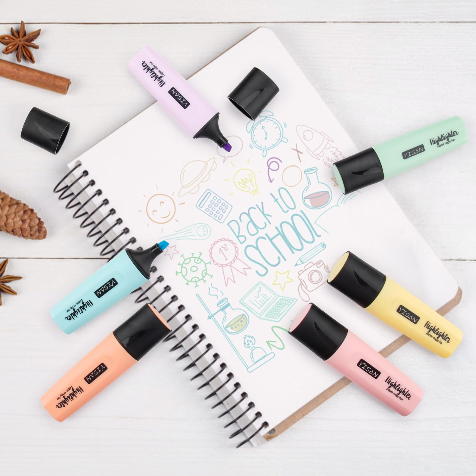 YISAN Pastel Highlighters - 6 Assorted Chisel Tip Markers for Office & School Supplies | Perfect for Note Taking, Journaling & Study Organization