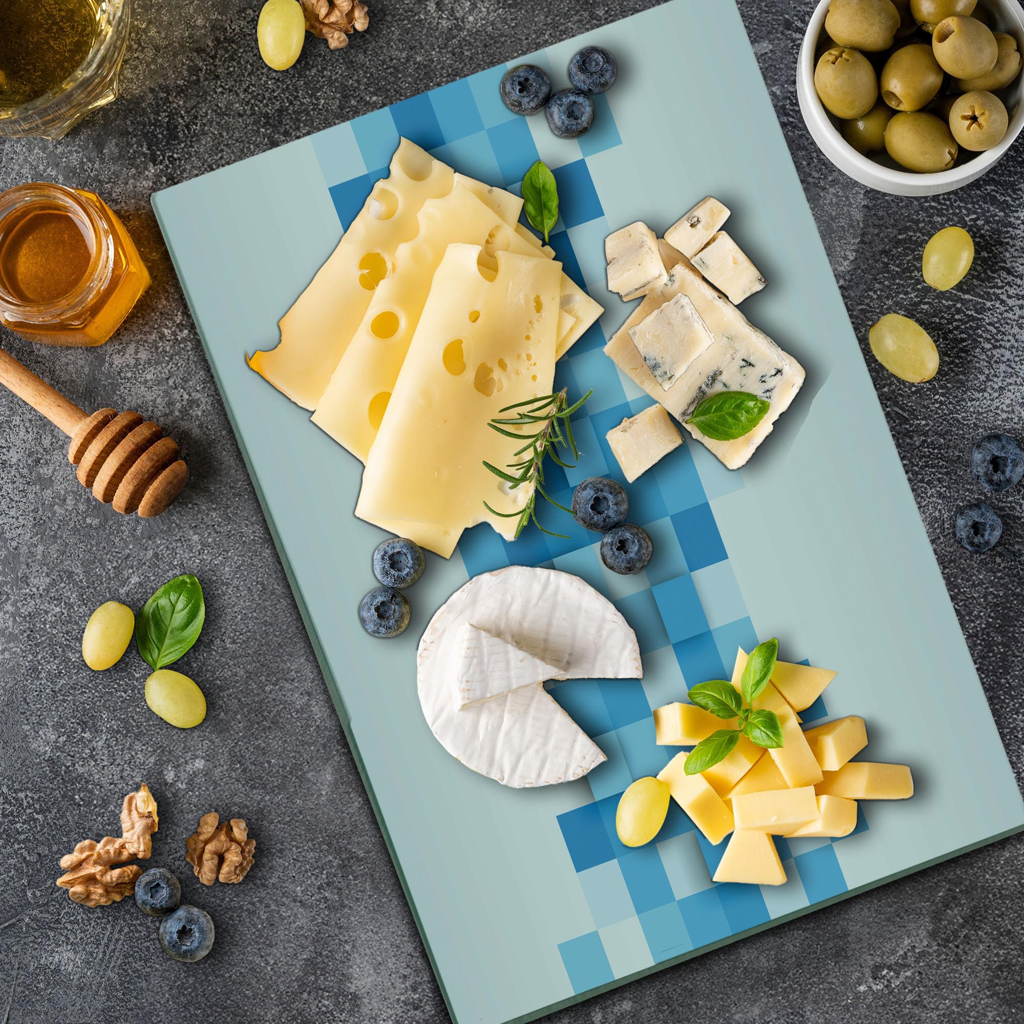 Ambesonne Abstract Cutting Board - 3D Geometric Mosaic Design, Tempered Glass Serving Board, Large Size in Pale Blue & White | Perfect for Kitchen Prep, Charcuterie Display & Modern Home Decor
