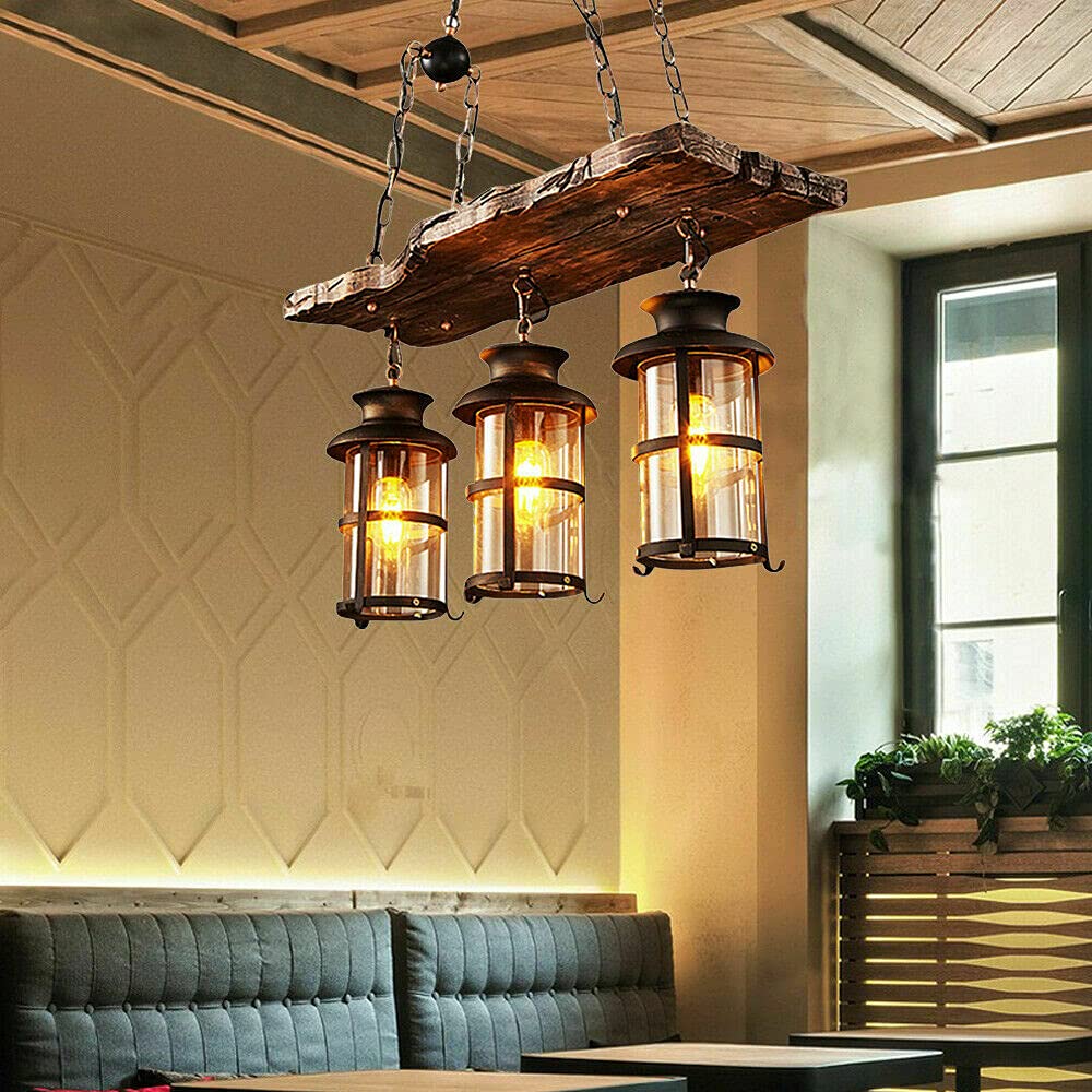 3 Head Wood Rustic Chandelier - Industrial Farmhouse Ceiling Light Fixture for Dining Room, Living Room & Bedroom Lighting | Vintage Edison Bulb Compatible