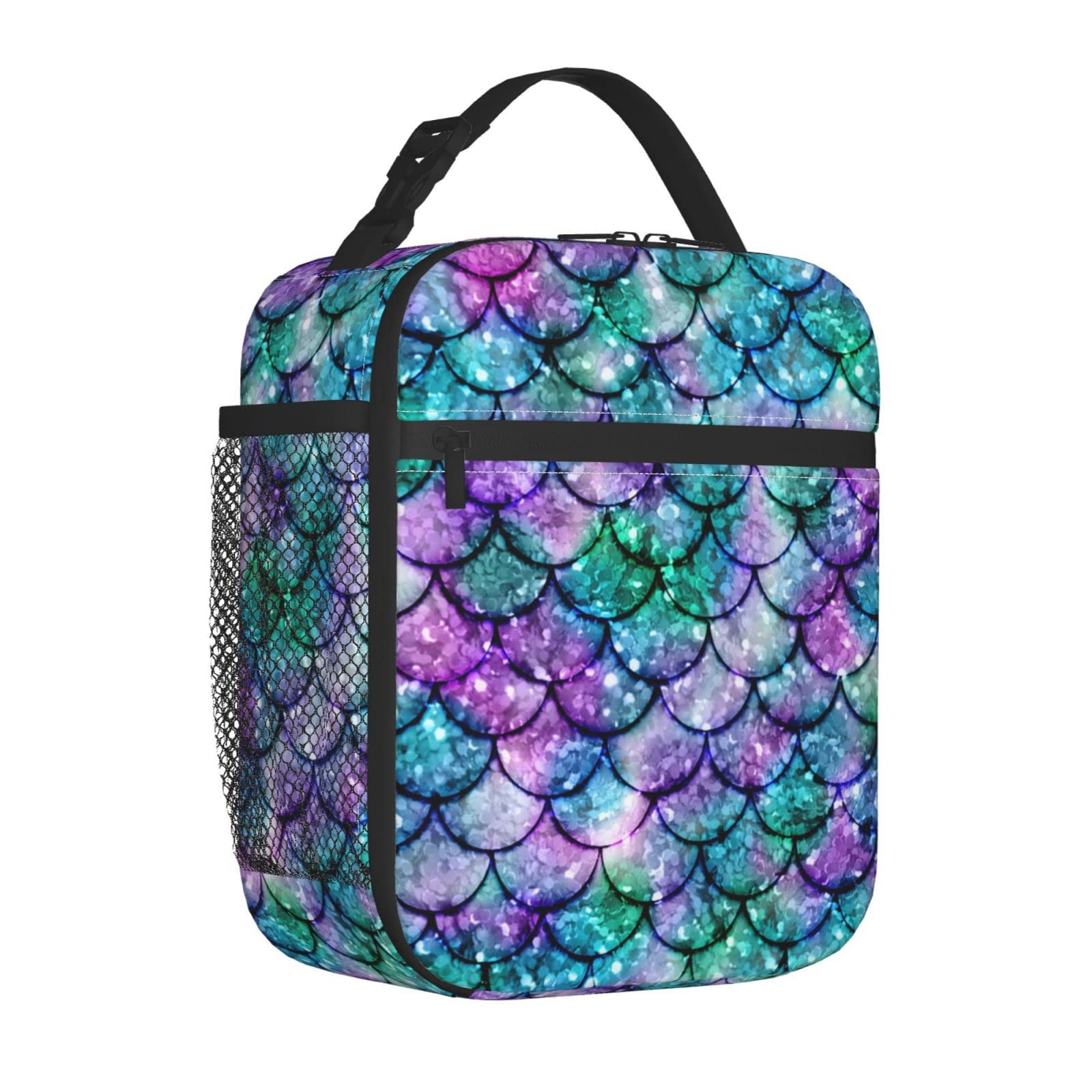 Reusable Insulated Lunch Bag with Side Pocket - Mermaid Turquoise Cooler Lunch Box for Women & Men, Perfect for School, Work, Travel & Picnic | Eco-Friendly Food Container for Daily Use
