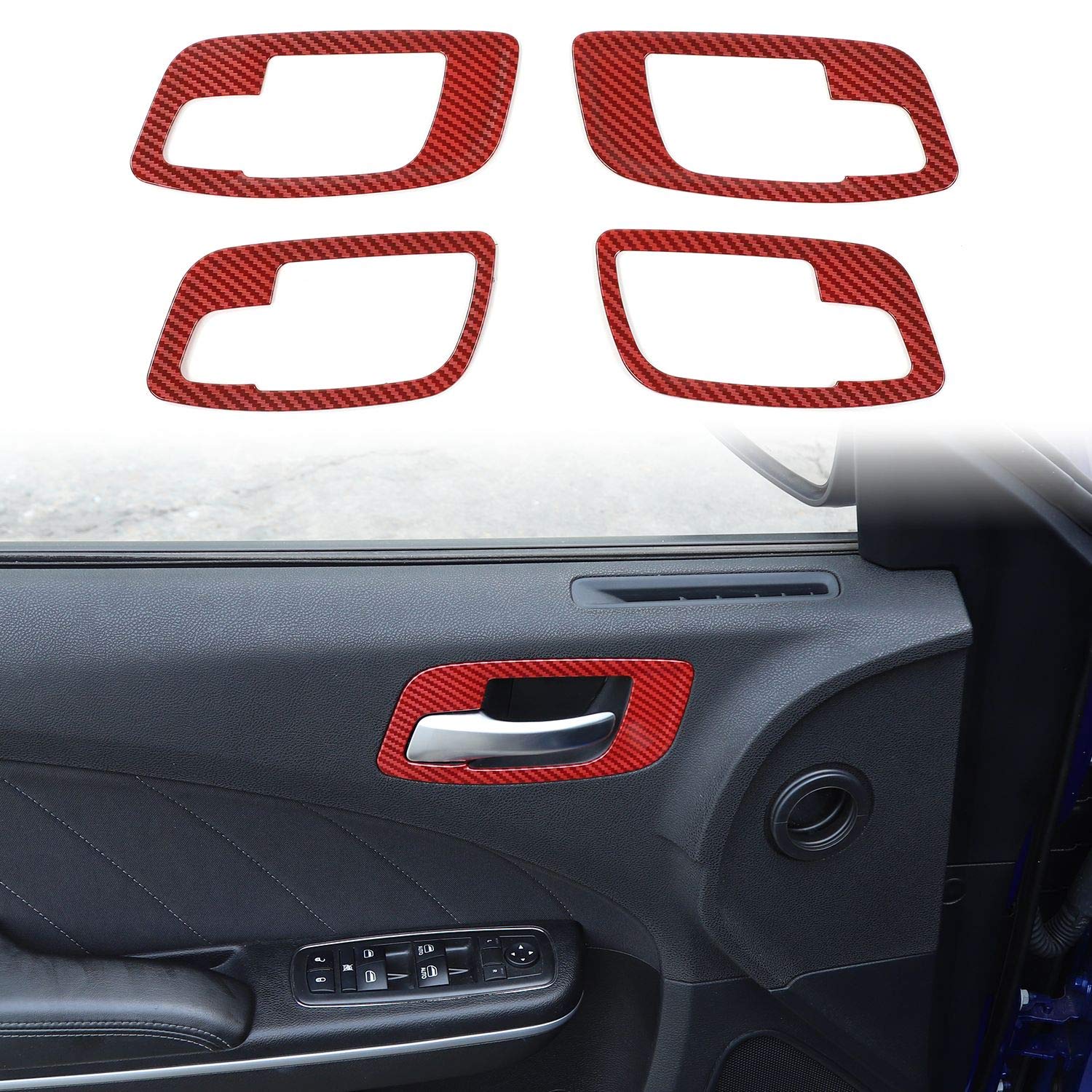 Voodonala ABS Red/Black Fiber Inner Door Handle Bowl Trim Kit (4pcs) for 2011-2019 Dodge Charger - Upgrade Interior Accessories for Car Enthusiasts & Customization Projects