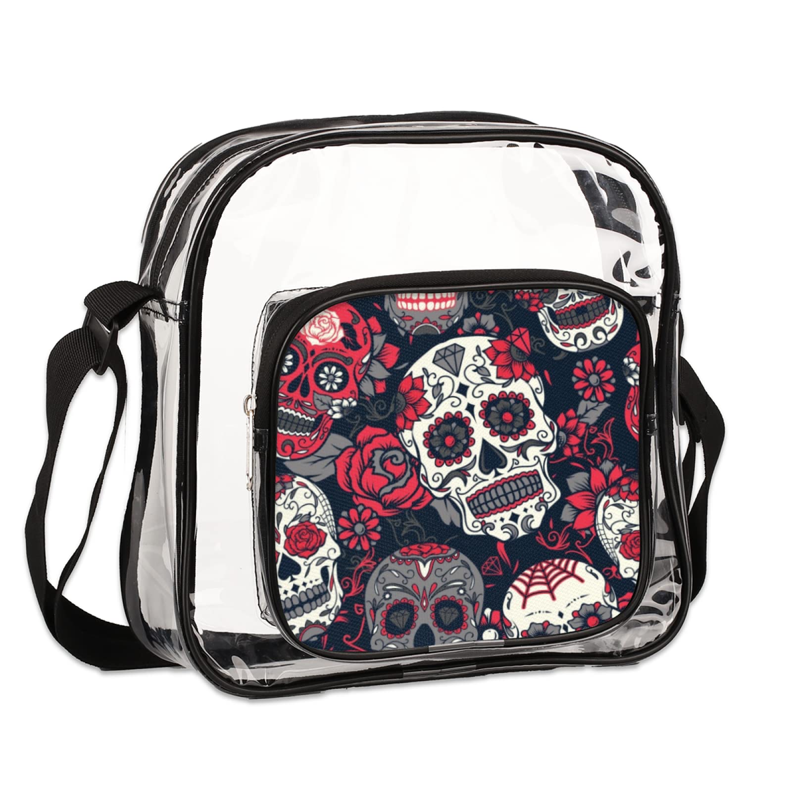 Stadium Approved Clear Crossbody Bag - Sugar Skull & Rose Design Transparent Messenger Purse with Adjustable Shoulder Strap | Perfect for Concerts, Travel & Sporting Events | FCCA Compliant Clear Bag for Stadiums, Theme Parks & Security Checkpoints