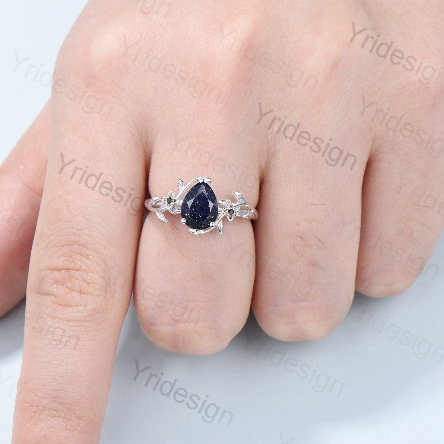 Nature Inspired Blue Sandstone Flower Ring - Twig Blue Goldstone Engagement Ring for Women - Rose Gold Leaves Branch Galaxy Bridal Jewelry - Perfect for Weddings, Anniversaries & Boho Fashion