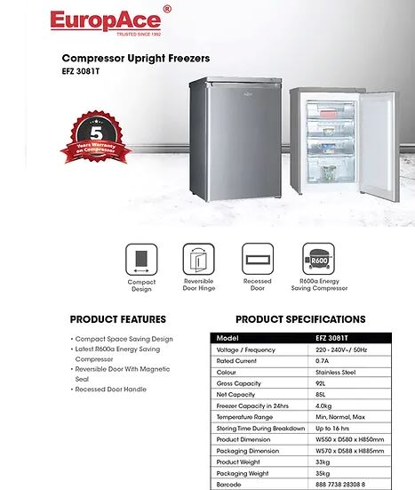 Europace EFZ 3081T Upright Freezer with Energy Efficient Compressor - Perfect for Home, Restaurant & Commercial Food Storage