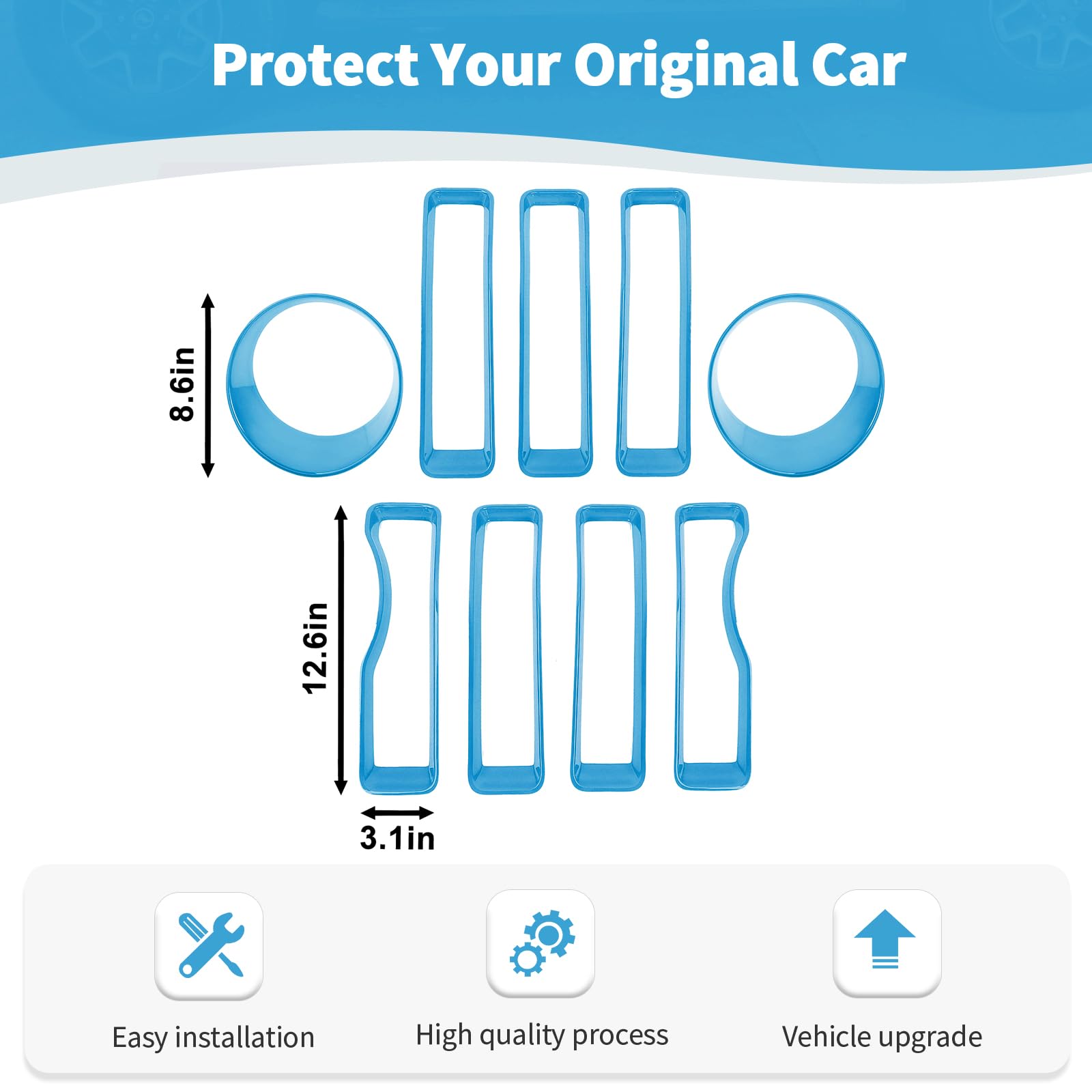 RT-TCZ Mesh Front Grille Insert & Headlight Cover Trim for Jeep Wrangler JL/JLU (2018-2022) - Baby Blue Exterior Accessories (9-Piece Set) | Off-Road Protection & Custom Styling Upgrade