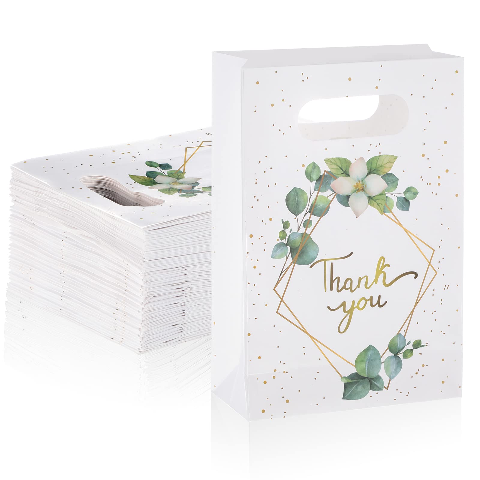 60 Pcs Greenery Eucalyptus Thank You Gift Bags with Handles - Bulk Paper Bags for Business, Party Favors, Wedding, Birthday, Boutique Merchandise | Perfect for Thank You Gifts, Event Favors & Retail Packaging