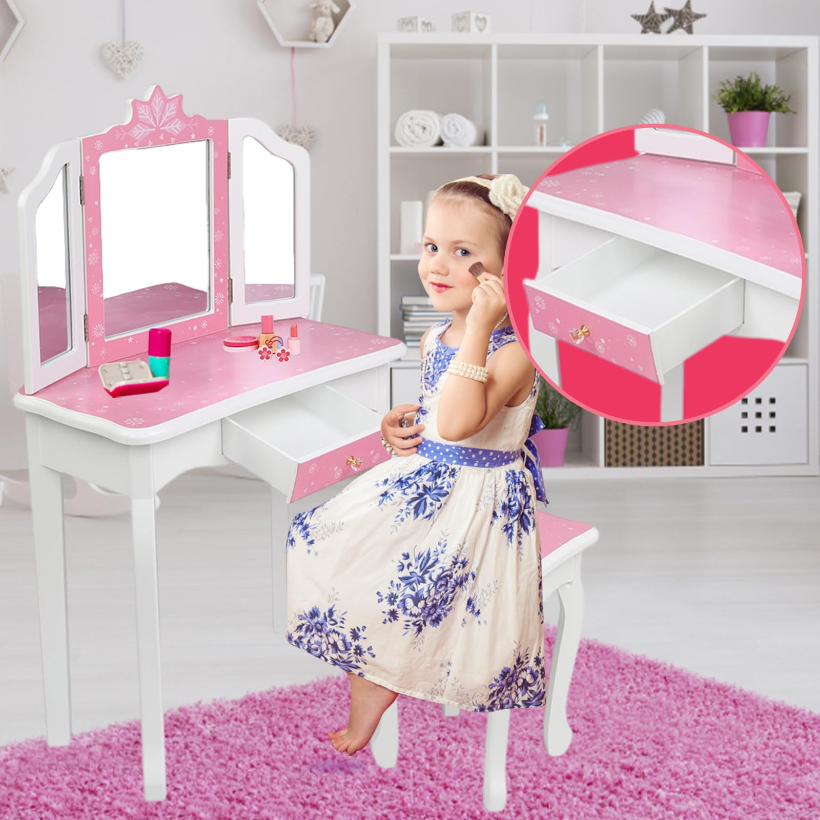 BELANITAS Kids Vanity Set with Mirror - Tri-Folding Vanity Table & Chair Set for Girls, Pink Princess Makeup Dressing Table with Drawer & Stool, 2-in-1 Toy Storage & Play Set - Perfect for Birthday Gifts, Pretend Play & Bedroom Decor