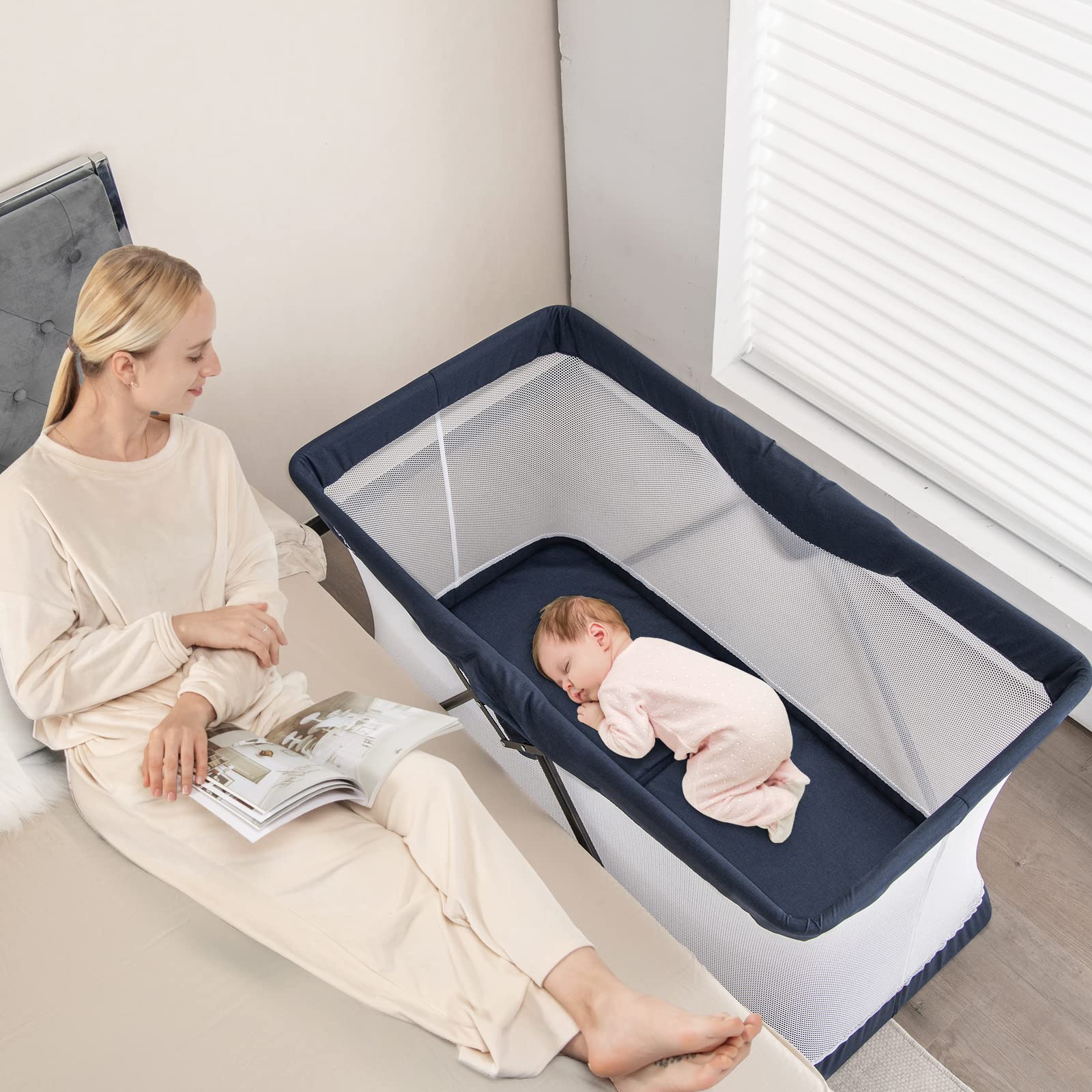 BABY JOY Portable Travel Crib - Lightweight Foldable Playpen for Babies & Toddlers with Soft Washable Mattress, No-Tools Assembly Playard for Newborns to 3 Years Old (Blue) | Perfect for Home, Travel, Daycare & Outdoor Adventures