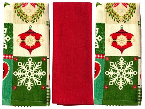 Christmas Holiday Kitchen Towels - Festive Patchwork Design with Joyful Trees, Holly, Snow Mittens & Rustic Hearts - Perfect for Holiday Decor, Gift Giving & Cozy Kitchen Use