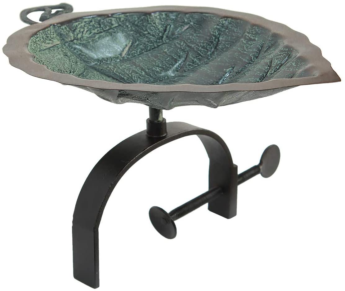 Copper Leaf Design Bird Bath with Shallow Bowl & Curled Stem - Outdoor Garden Decor for Patio, Yard & Bird Watching (Verdi/Black)