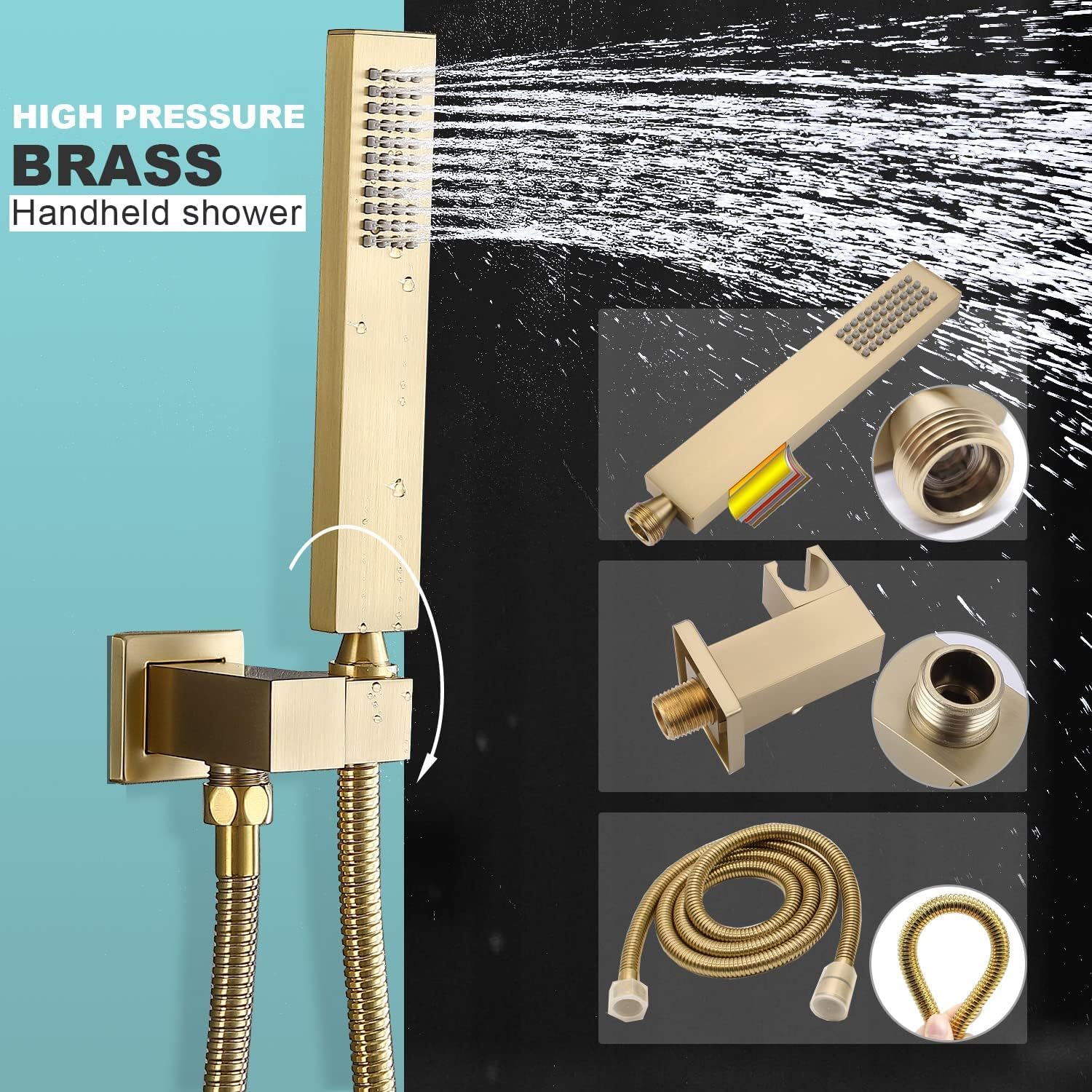ENGA Brushed Gold Shower System - 12 Inch LED Rainfall Showerhead with Body Jets, Handheld Sprayer & Thermostatic Valve | Wall Mounted Luxury Bath Fixture for Spa-Like Experience in Master Bathrooms