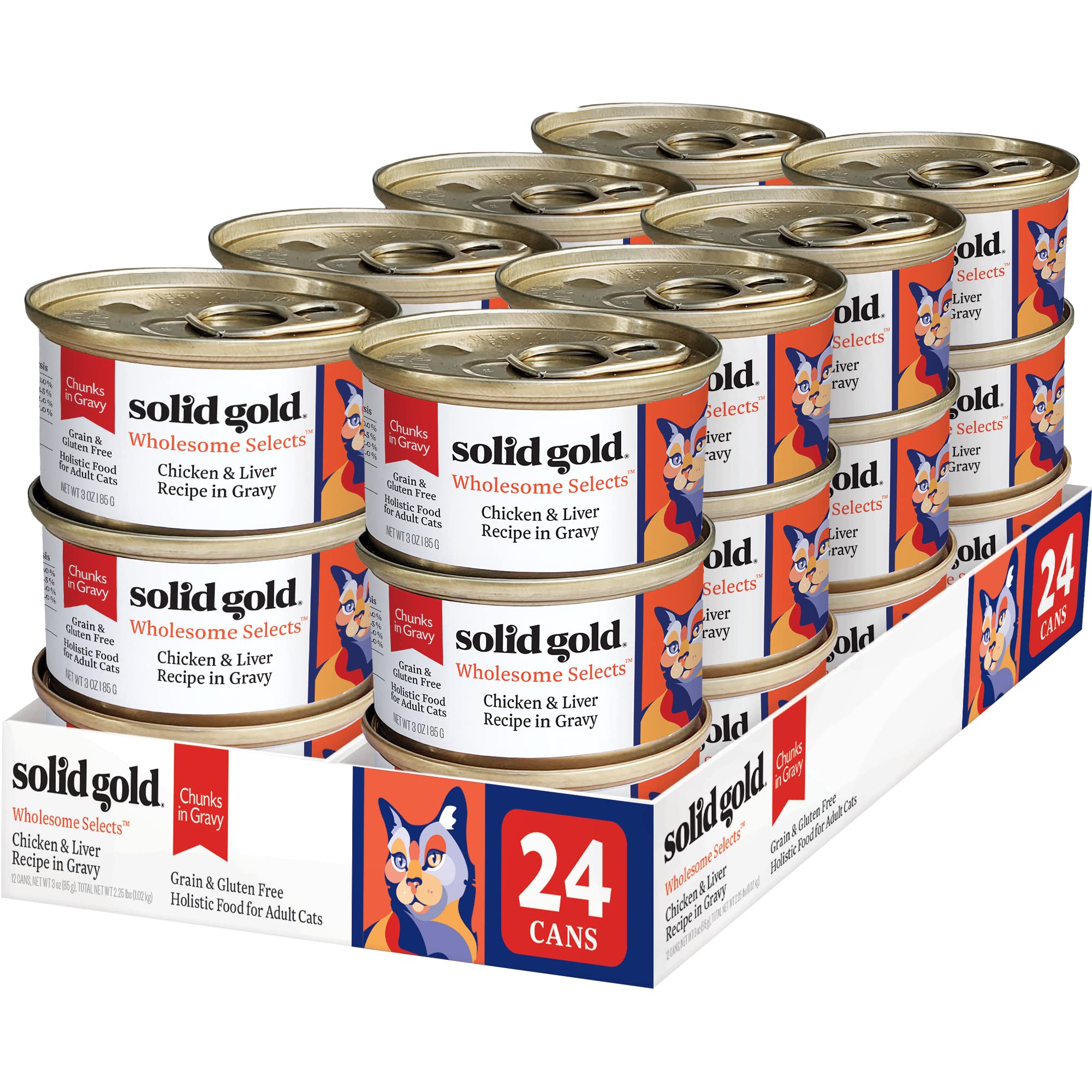 Premium Solid Gold Wholesome Selects Wet Cat Food with Chicken Liver Chunks - Grain-Free Canned Cat Food for Adult & Senior Cats, 24-Pack - Perfect for Weight Management & Picky Eaters
